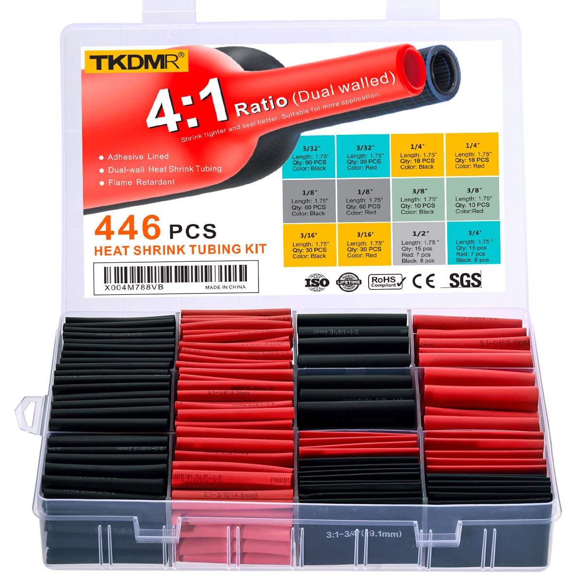 Gaines thermorétractables 4:1 étanches TKDMR noir et rouge pour câbles