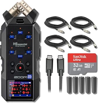 Zoom H6essential 6-Track 32-Bit Float Recorder Bundle with 4x 10-Foot XLR Cables, USB-C Cable, 32GB microSDHC, and 5-Pack AA 4 XLR Field Recorder for Podcasting, Filmmaking, Sermons, Documentary