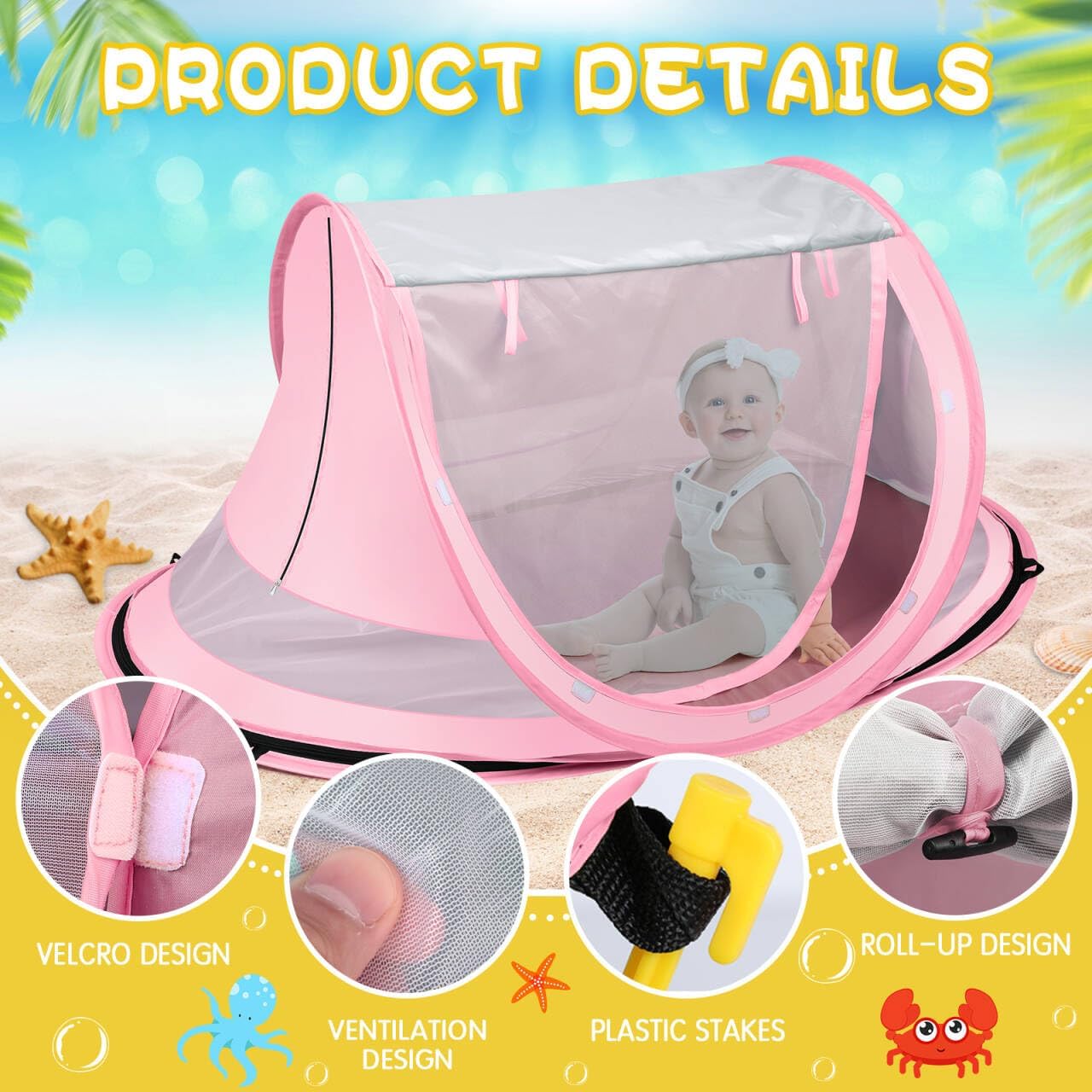 Baby Beach Tent,Large Pop Up Beach Tent Sun Shade for Beach,Portable Baby Travel Tent with Mosquito Net,Indoor Baby Play Tent,UPF 50+ UV Protection Sun Shelters for Infants