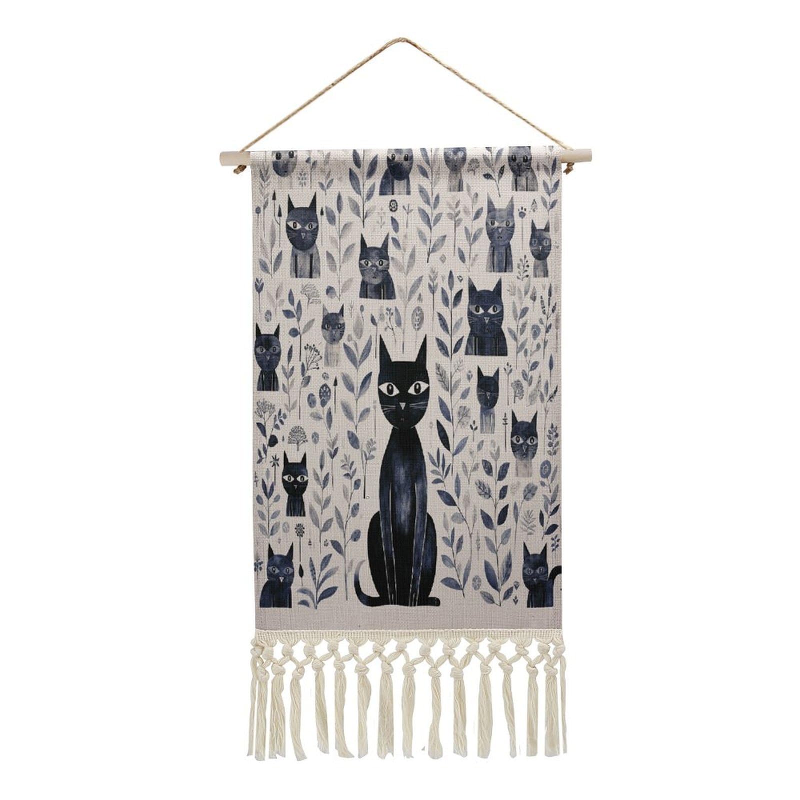 Adfgyerh Style Simple Black Cat Tapestry With Tassels Cotton And Linen Hanging Posters, Wall Art For Travel Gift, Wall Tapestry For Office Home Decor Bedroom Living Room Decor