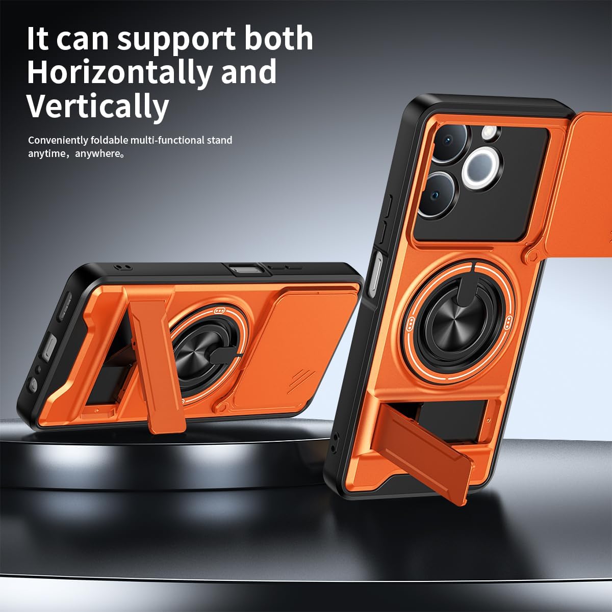 Compatible with Realme Note 70T Case, for Realme Note 70/Note 80/Narzo 80 Lite 4G Phone Case [with 1*Screen Protector][Slide Camera Cover, Magnetic Kickstand Design] Orange