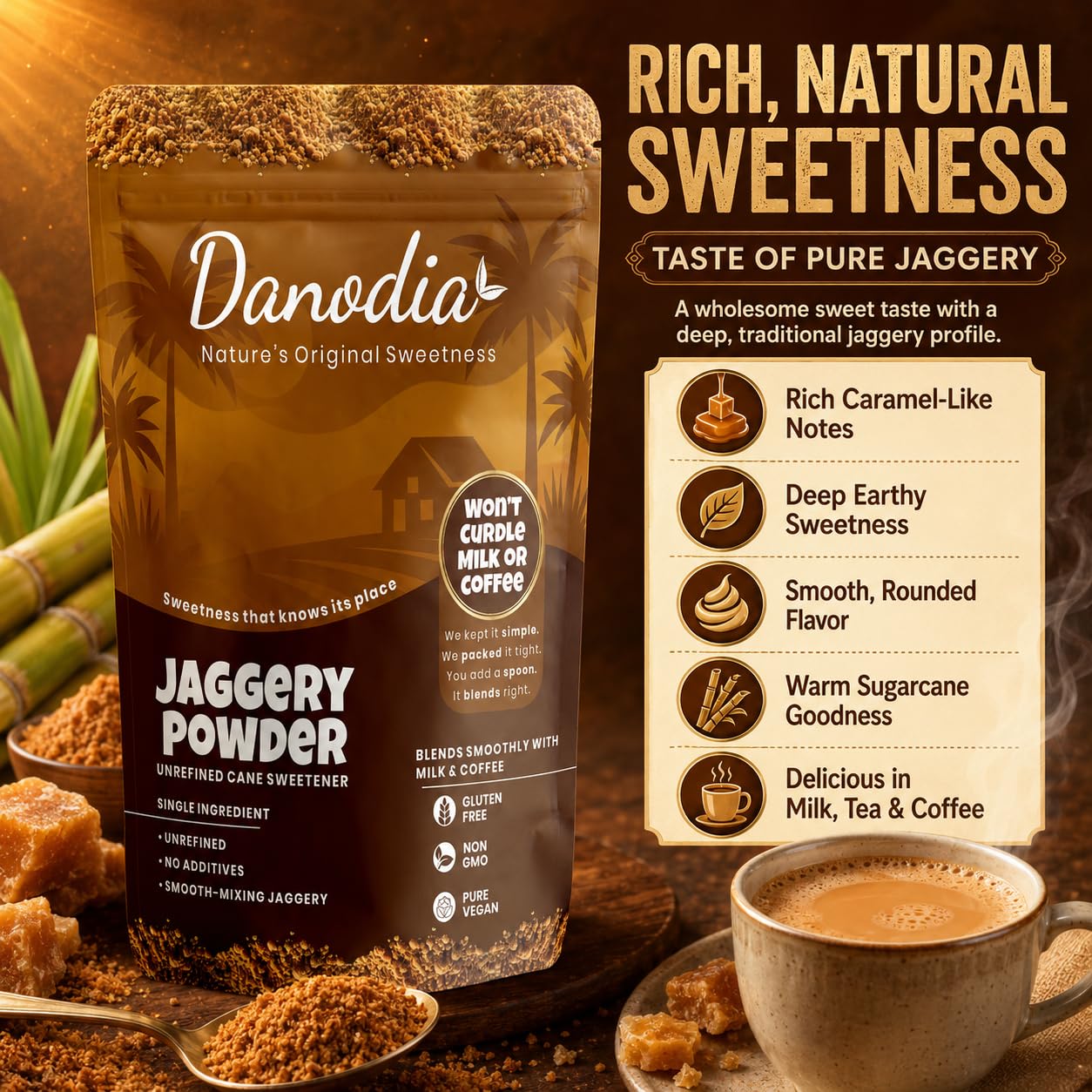 Danodia Foods Jaggery Powder, 950 g / 2 lb, Fine Sugarcane Gur Sweetener for Tea, Coffee, Baking, Cooking, Desserts and Indian Pantry Recipes | No Anticaking Agent Used