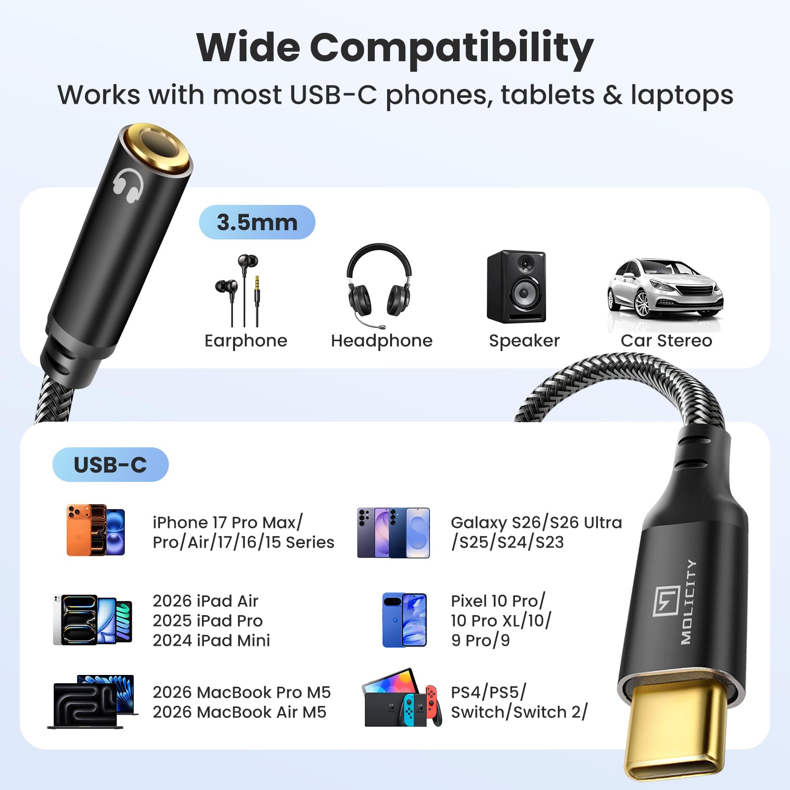 Adattatore da USB tipo C a jack per cuffie femmina da 3,5 mm, cavo da USB C a Aux Audio Dongle compatibile con iPhone 16 Pro Max/15 Pro/15, Samsung Galaxy S24/S23/S22 Ultra, iPad Pro, Pixel