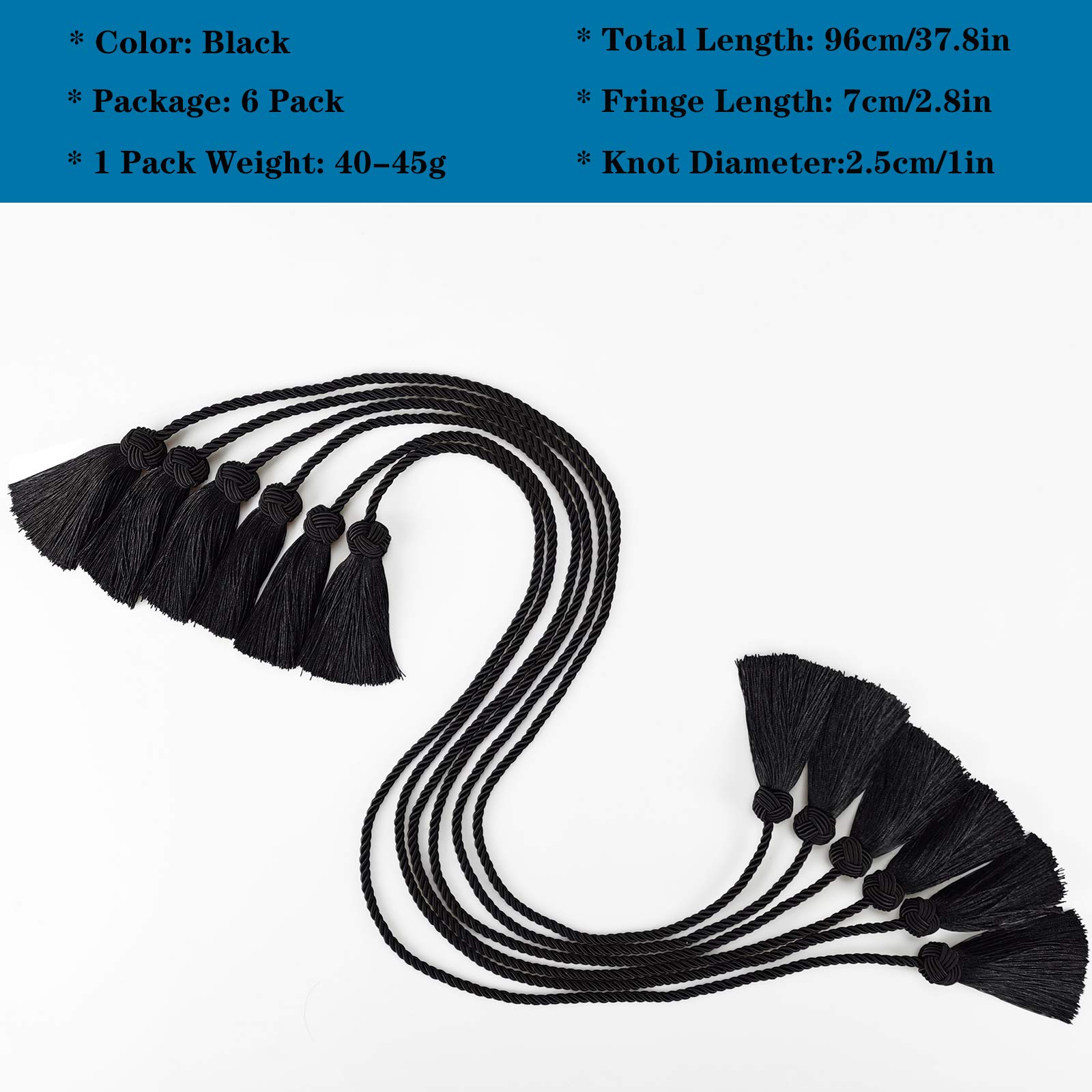 Eleganti fermatende decorativi in corda per tende per tende tessuti a mano con nappa, nero, confezione da 6