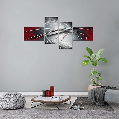 Miniatura 5 de Arte abstracto de pared burdeos, lienzo gris y rojo, 4 piezas, pintura de pared, contemporánea, moderna, imagen para sala de estar, dormitorio,