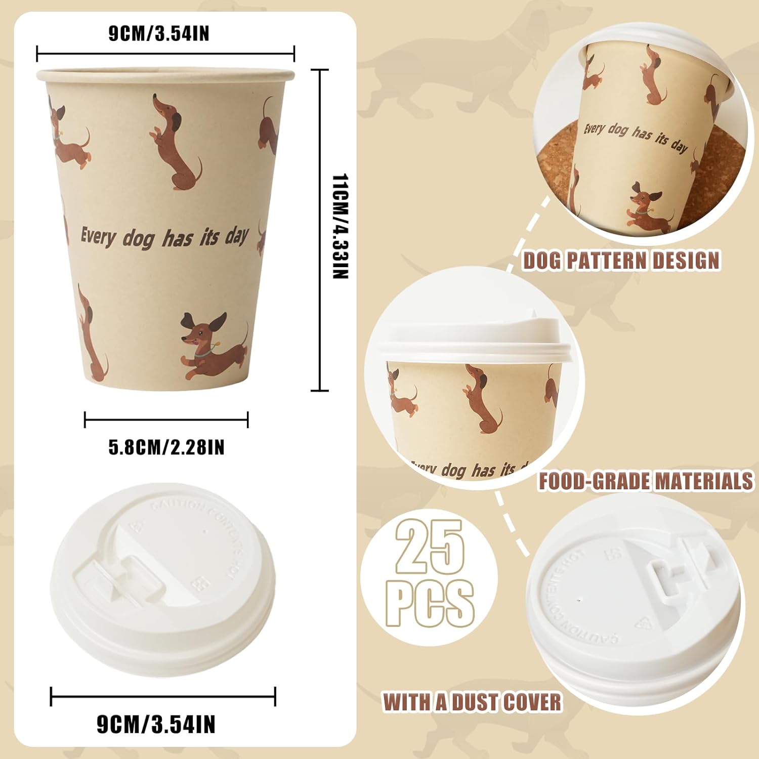 12 OZ 25 Pack Disposable Cups Paper Coffee Cups with Lids, Disposable Paper Cups for Cold/Hot Drinks, Leak-Proof To Go Drinking Cups for Office Party Home Picnic & Travel (Dachshund Dog) - Image 3