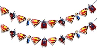 Suprman Garland Decoration for Birthday Party – Hero Theme Hanging Banner with Classic Red Blue Yellow Colors – Pre-Strung...