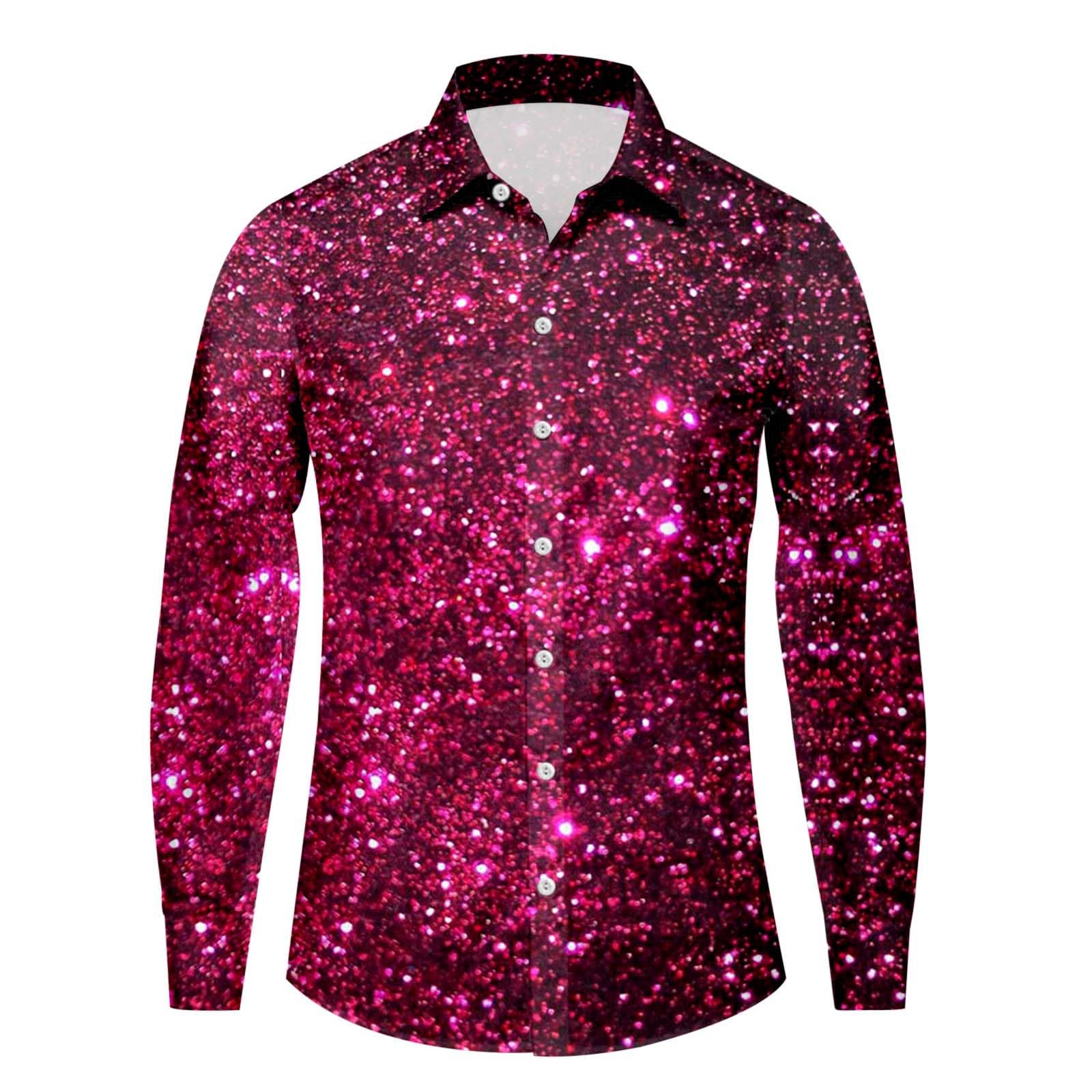 Glitzer Hemd Herren Faschingskostüme Männer 80er Hemden Langarm 70er Jahre, Hawaiihemd Männer 60er Hip Hop Disco Outfit, Button-Down Karneval Hemd Mit Auffälligen Mustern