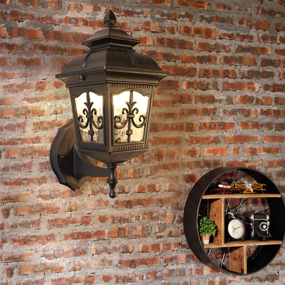 Mengjay Glass Lantern Wall Sconce Light Vintage Outdoor Waterproof Rustproof Wall Lamp Outside Decoration Aluminum Metal Wall Lantern for Corridor Villa Patio Garden (E)