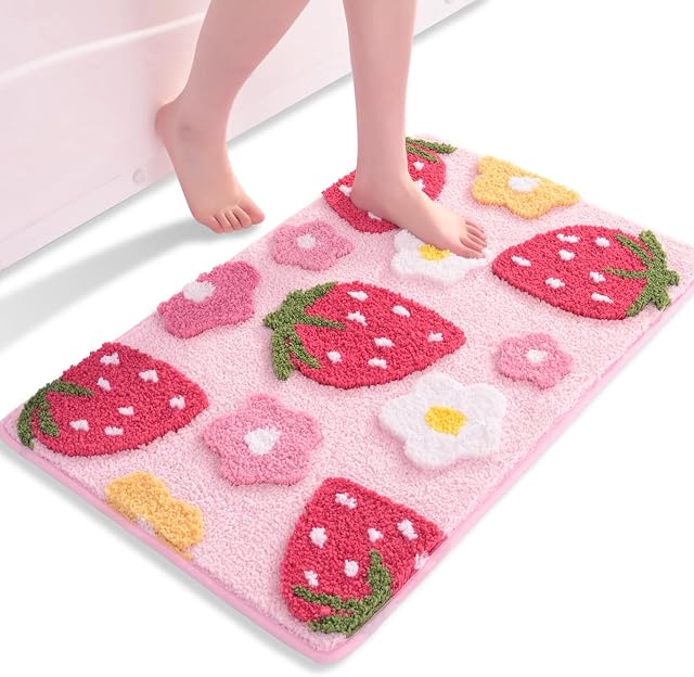 Anybar Rugs de salle de bain rose Mignon fraise fleur de bain tapis accessoires de salle d'eau, drôle coloré non glissant plancher baignoire Rug machine lavable baignoire tapis doux microfibre pour douche, baignoire (18x25 de pouce)