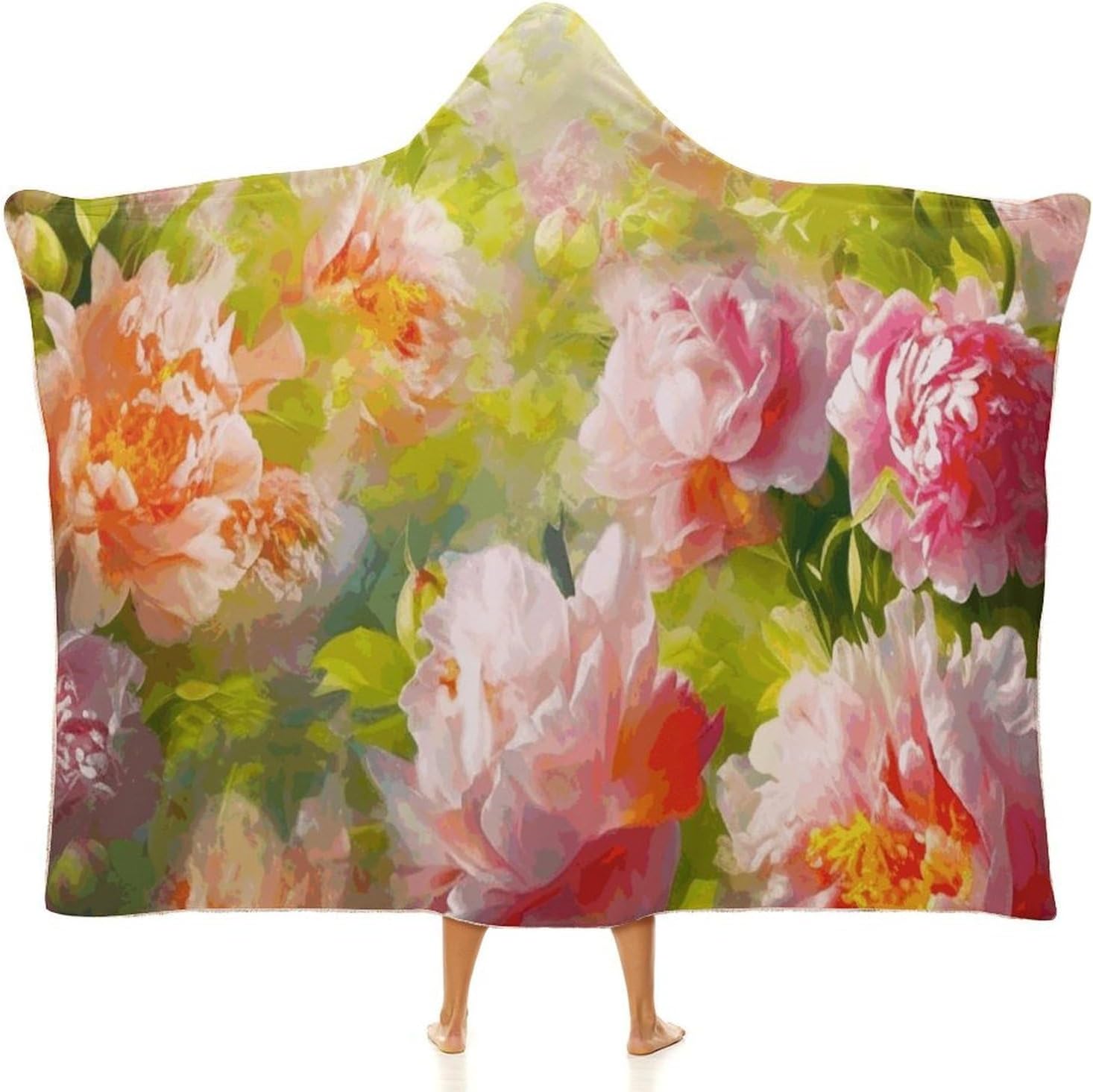 Bright Peonies Wearable Hooded Blanket, Ultra Soft Arctic Velvet Cape Cloak Unisex - Cozy Wearable Blanket