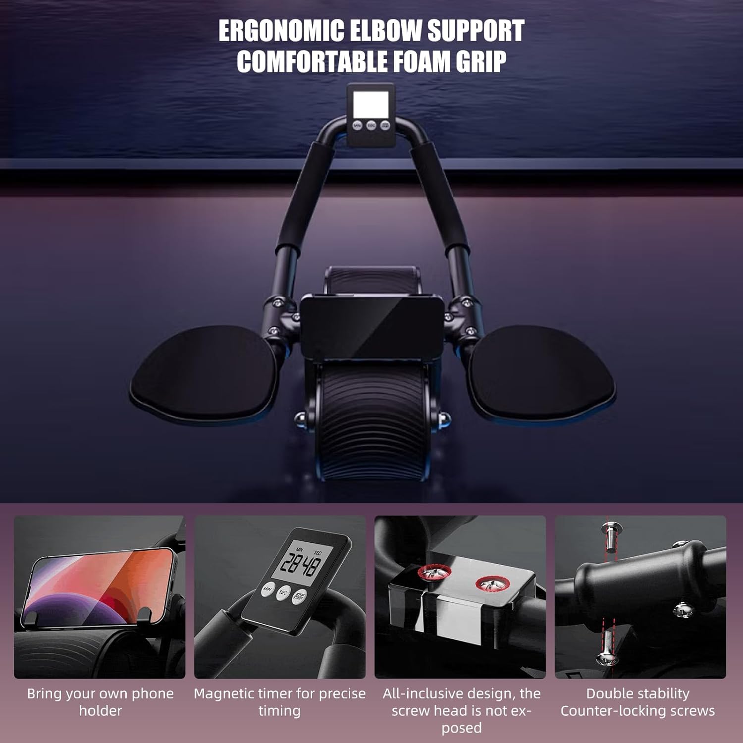 Ab Roller Wheel, Roulette Abdominaux, Rouleau Abdominal à Rebond Automatique, AB Roller pour Abdominaux, Roue D'Exercice Ab Roller avec Minuterie, Roue Abdominale avec Tapis d'entraînement