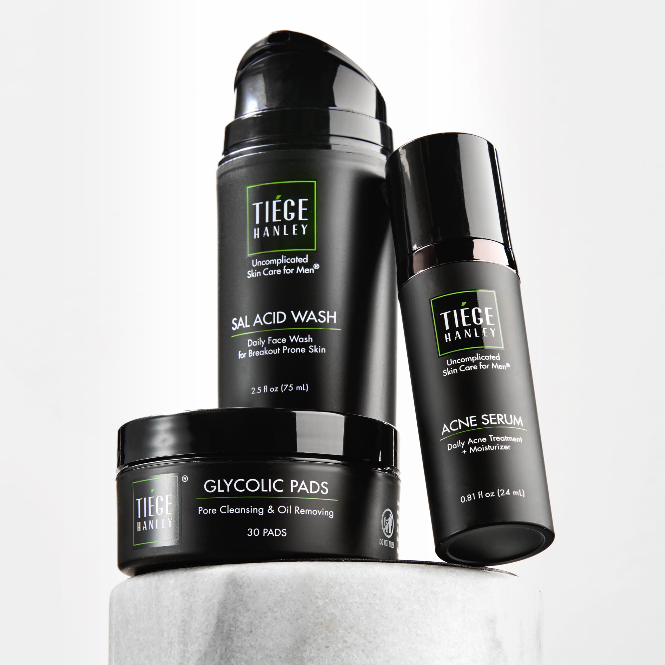 Tiege HanleyMen's Acne Treatment System (Level 1), TiegeClear Acne Essentials Routine for Smooth & Hydrated Skin - Includes Sal Acid Wash, Glycolic Acid Pads, and Acne Serum - All Skin Types