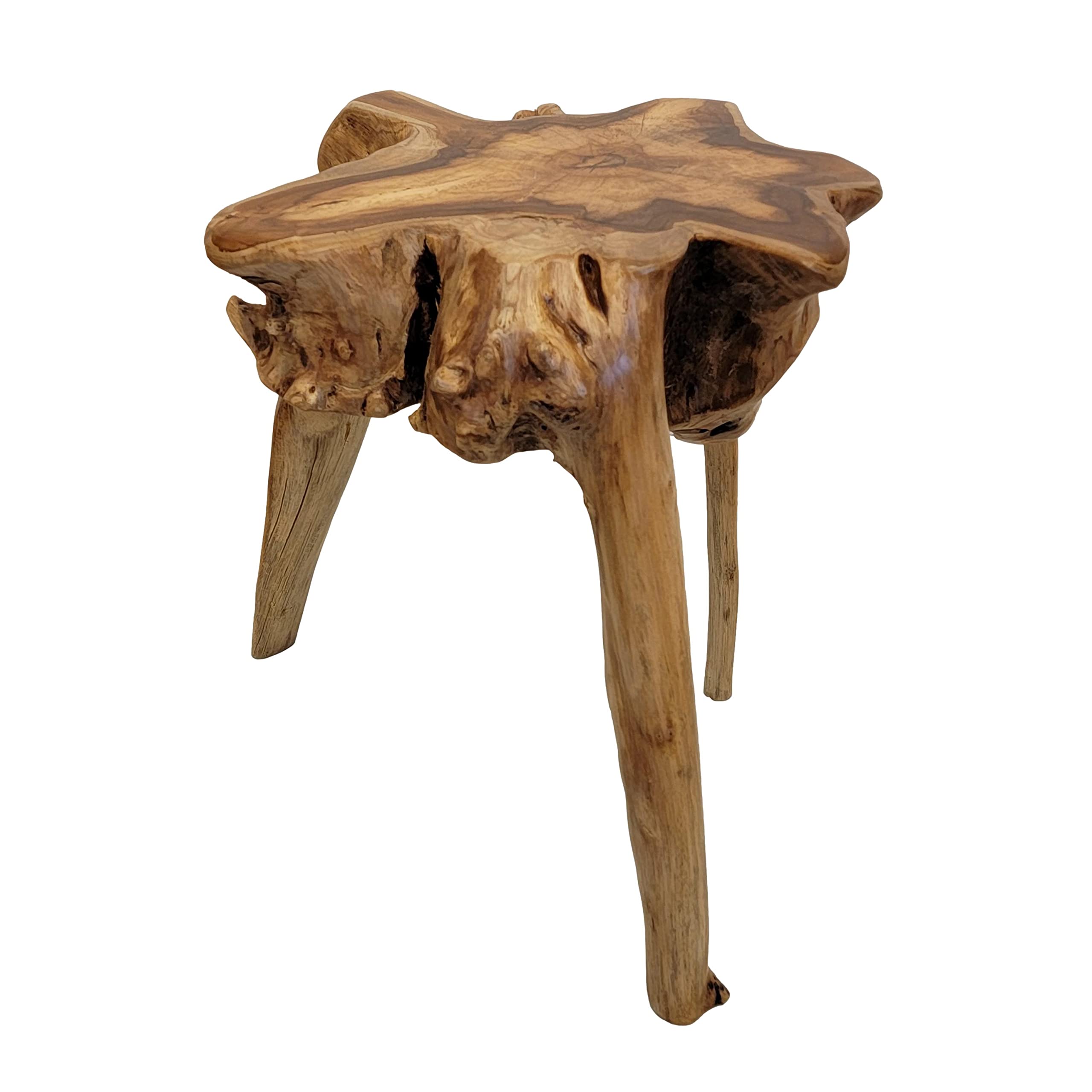 Live Edge Wood Tripod Accent Table Stool Modern Freeform Teak Root Natural 20 x 20 x 18 in