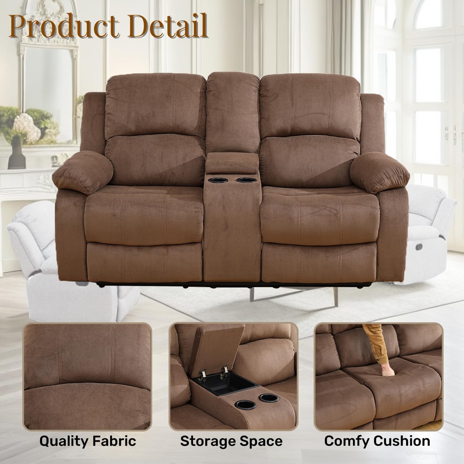 Recliner Loveseat for Living Room Furniture Set,Fabric Reclining Loveseat with Double Recliners,Wall Hugger Recliner Couch with Cup Holders for Living Room(Corduroy Brown)
