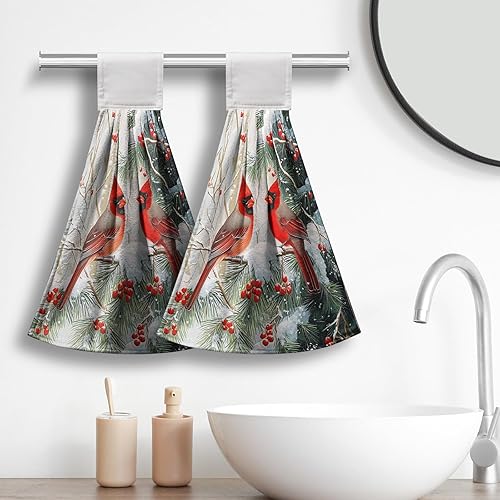 Vista 11 de Toallas de cocina colgantes con diseño de árbol de Navidad, color rojo y verde, toalla de mano de Navidad con lazo para colgar, toallas de cocina