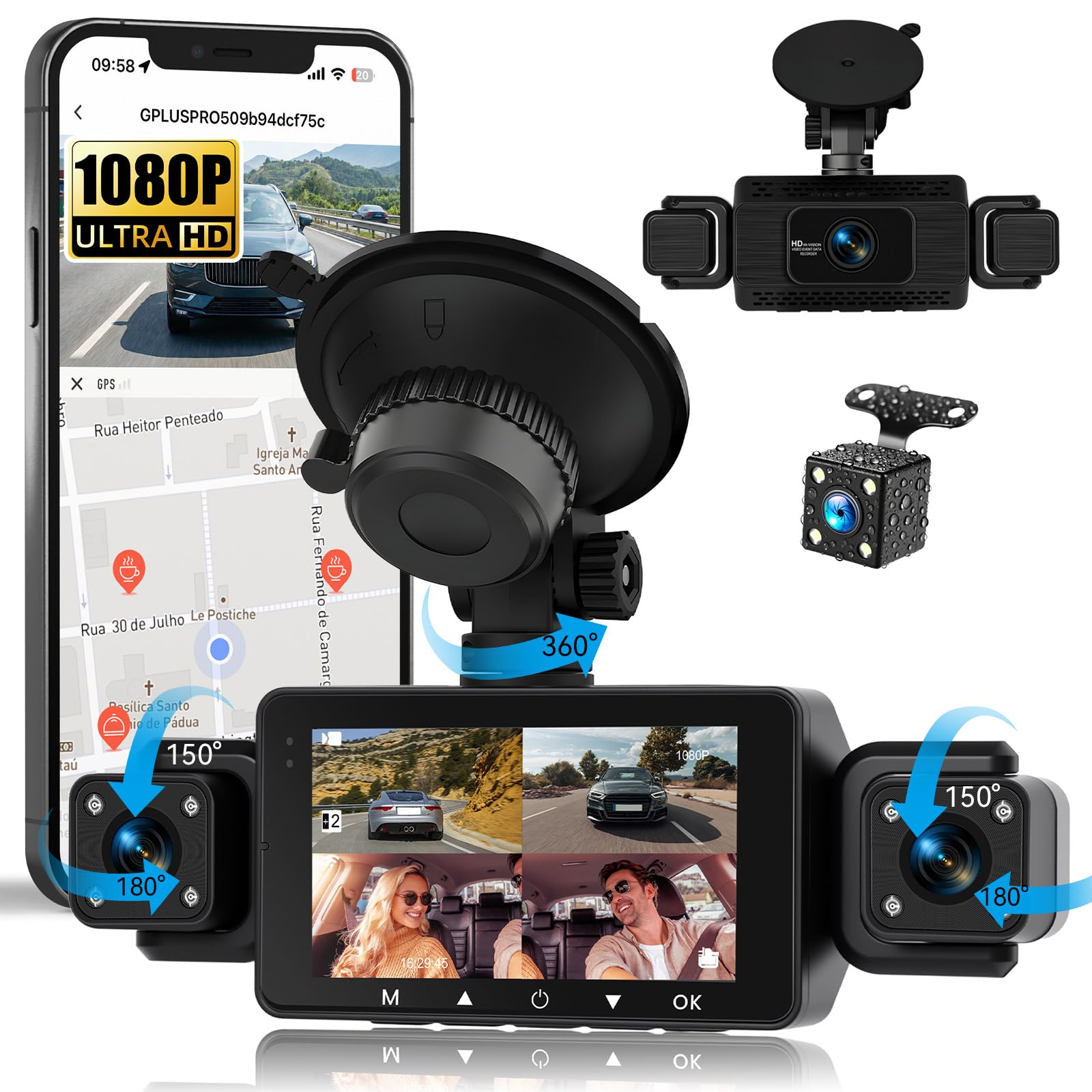 SIXWIN Dashcam 360° 4 Cámaras | 3" Pantalla IPS, Frontal 1080P+3 * 480P, WiFi, Visión Nocturna, G-Sensor, App, Vigilancia 24/7, Grabación en Bucle, Asistente de Estacionamiento