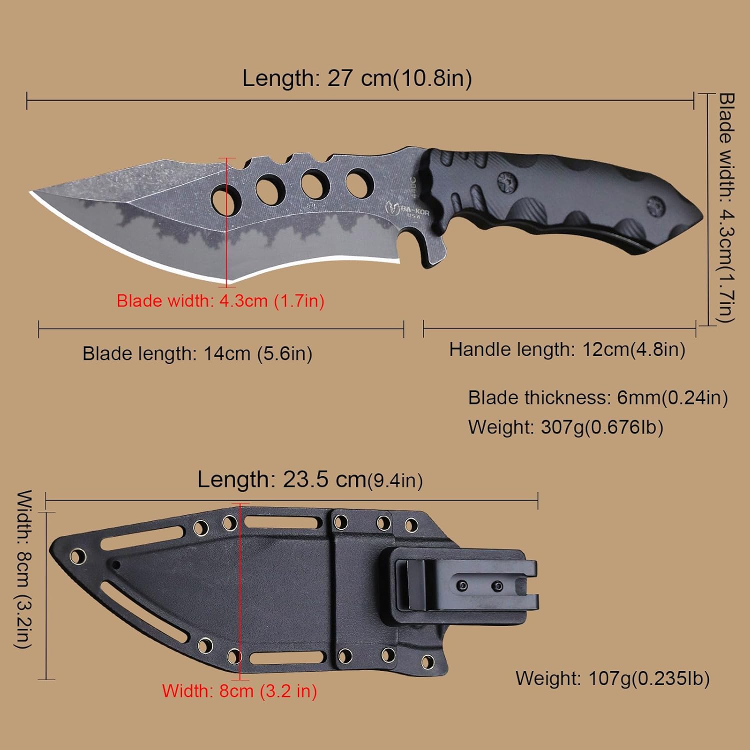 BA-KOR USA 6mm thick 440C steel (10.8in) (full Tang) fixed knife + sheath & (5.9in) cerium igniter, suitable for outdoor camping, survival, adventure, fishing, EDC, hunting knife