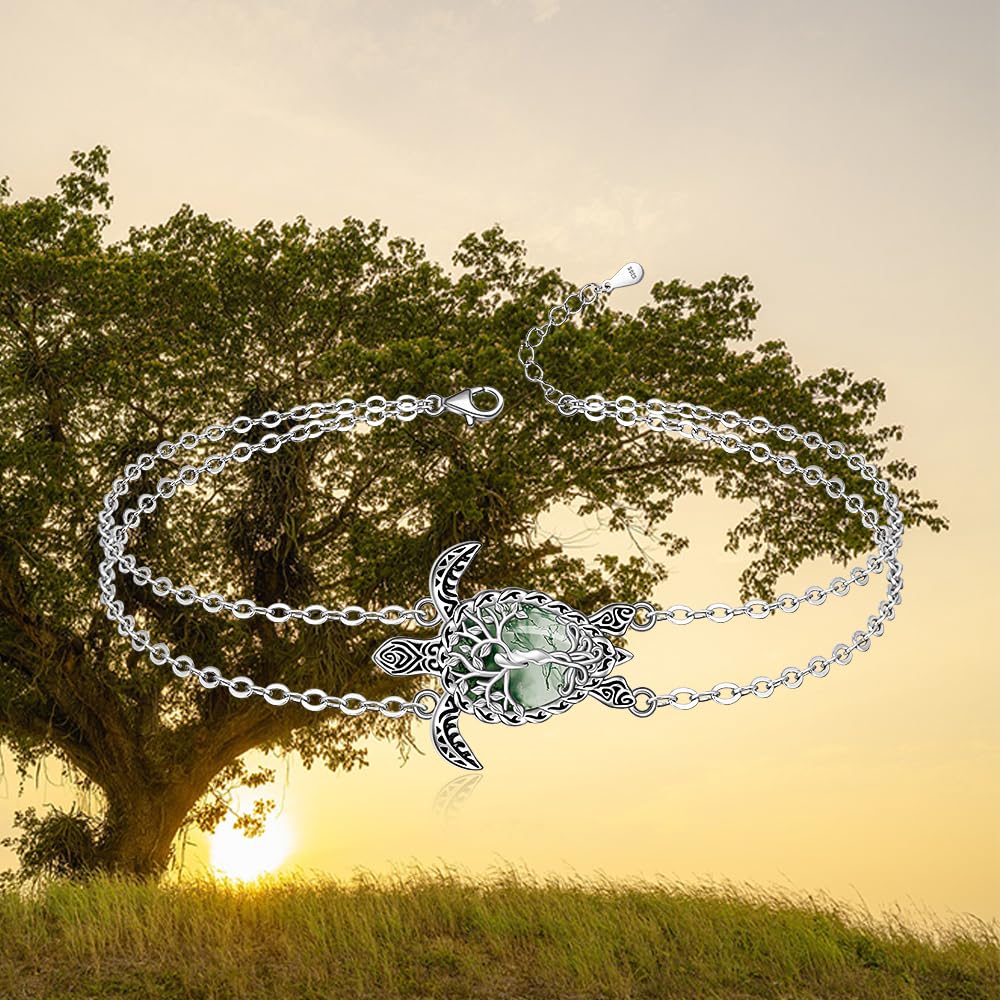 Cavigliera tartaruga in agata muschio, albero della vita, tartaruga, cavigliera da donna, in argento Sterling, oceano, spiaggia, mare hawaiano, gioielli regalo