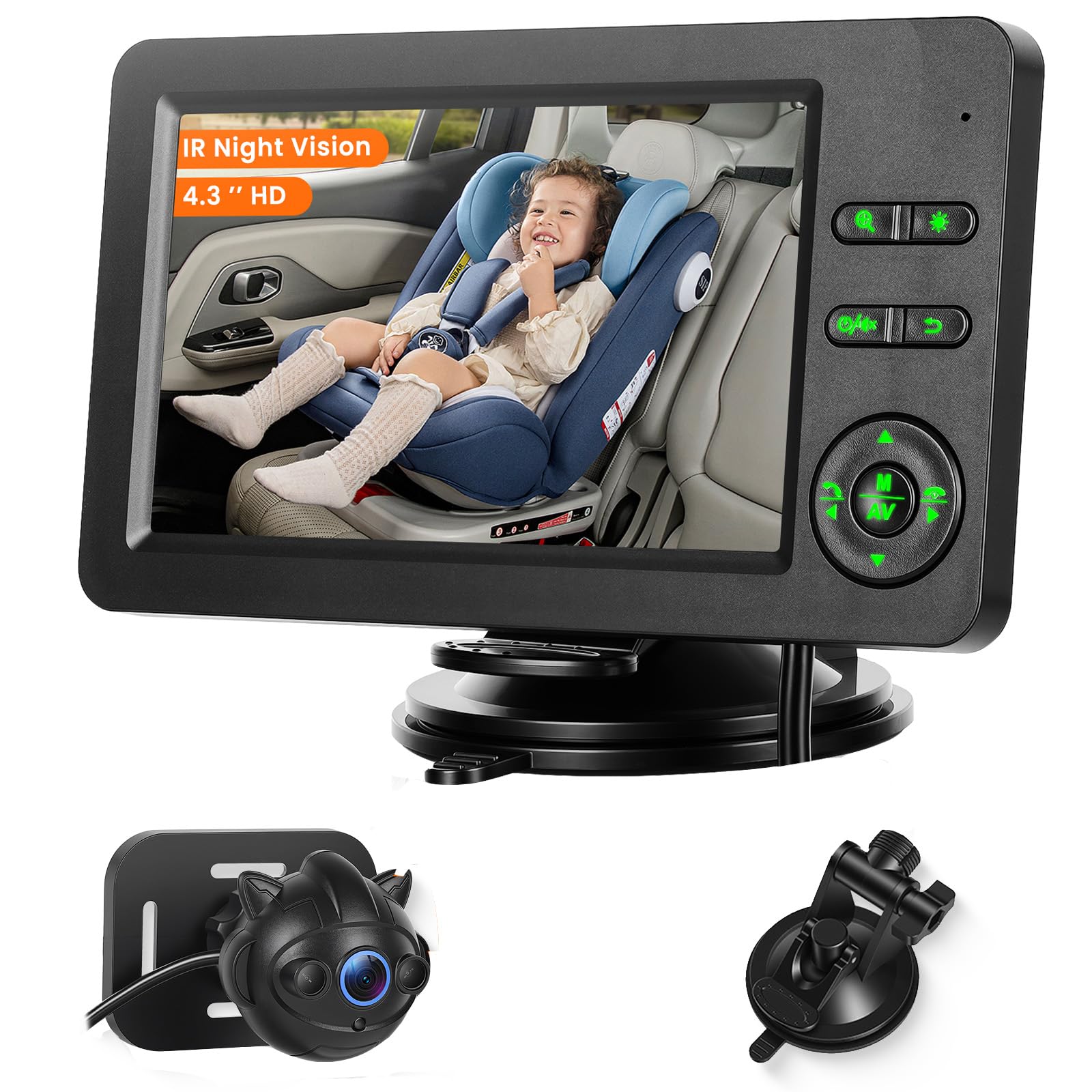 VECHTEL Monitor Bebé para Coche Asiento Trasero, Pantalla 4,3'' HD 720P, Cámara Gran Angular 360°, Visión Nocturna, Bluetooth, Teclas Retroiluminadas, Instalación Rápida para Viajes Familiares