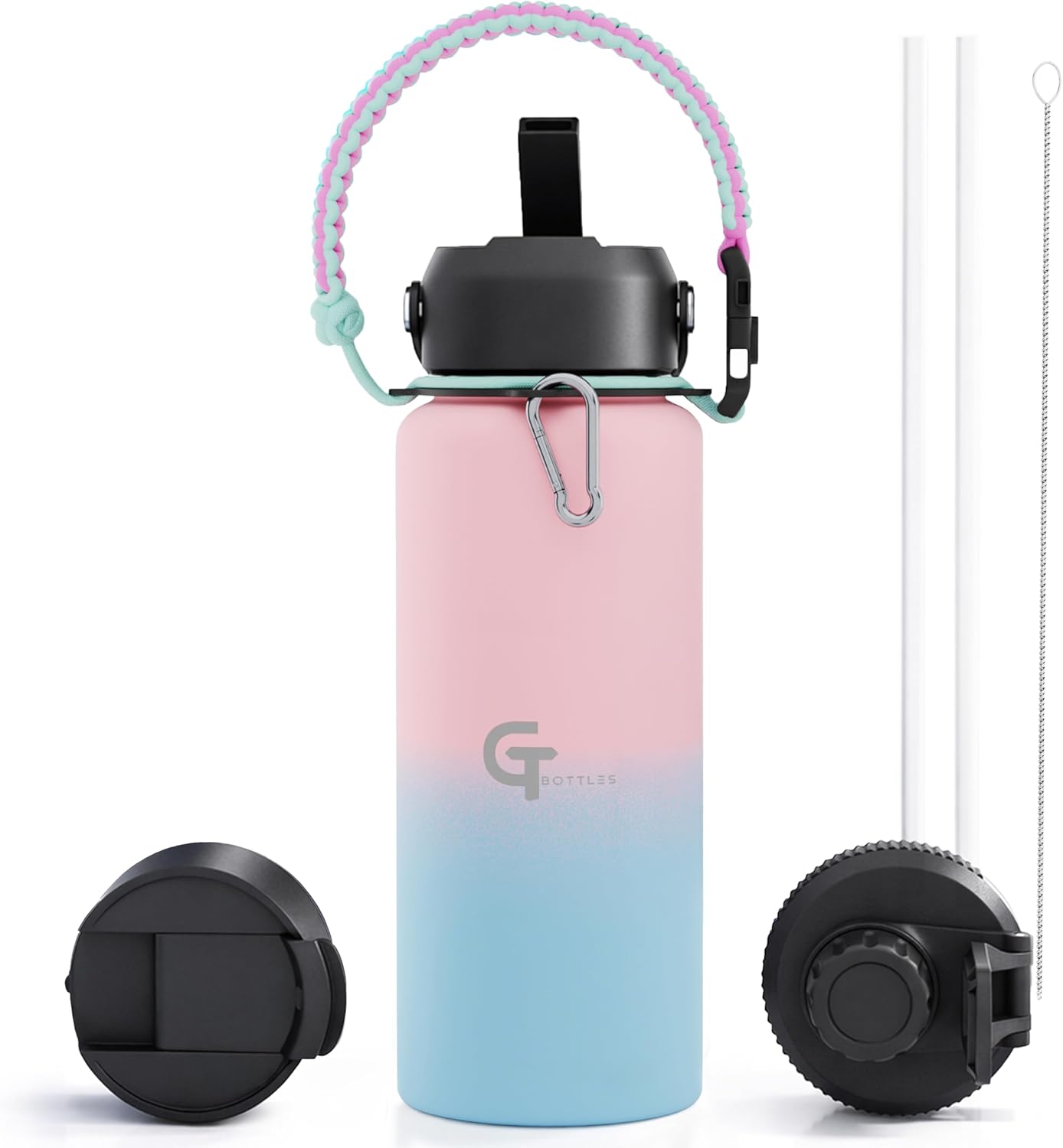 32oz Insulated Stainless Steel Water Bottle with 3 Lids & Paracord Handle – Leakproof Wide Mouth Metal Sports Bottle for Gym, School & Travel (Pink/Sky Blue, 32oz)