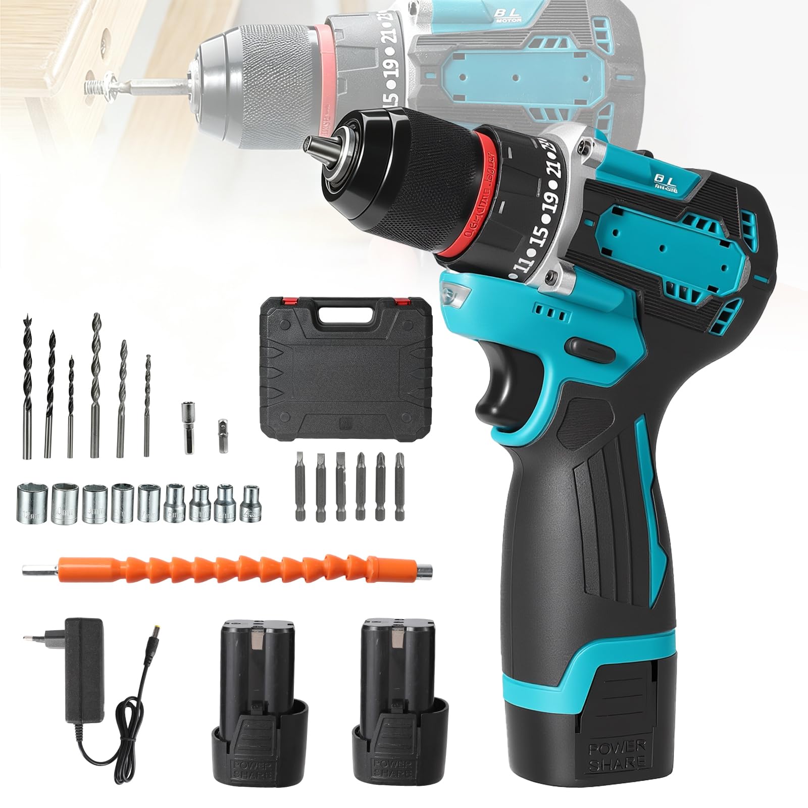 Taladro eléctrico inalámbrico, kit de taladro atornillador 16,8 V (azul) | Max 55N.m, 25+1 Torsión ajustable, 29 piezas juego de herramientas con taladropara reparación, mantenimiento y trabajo