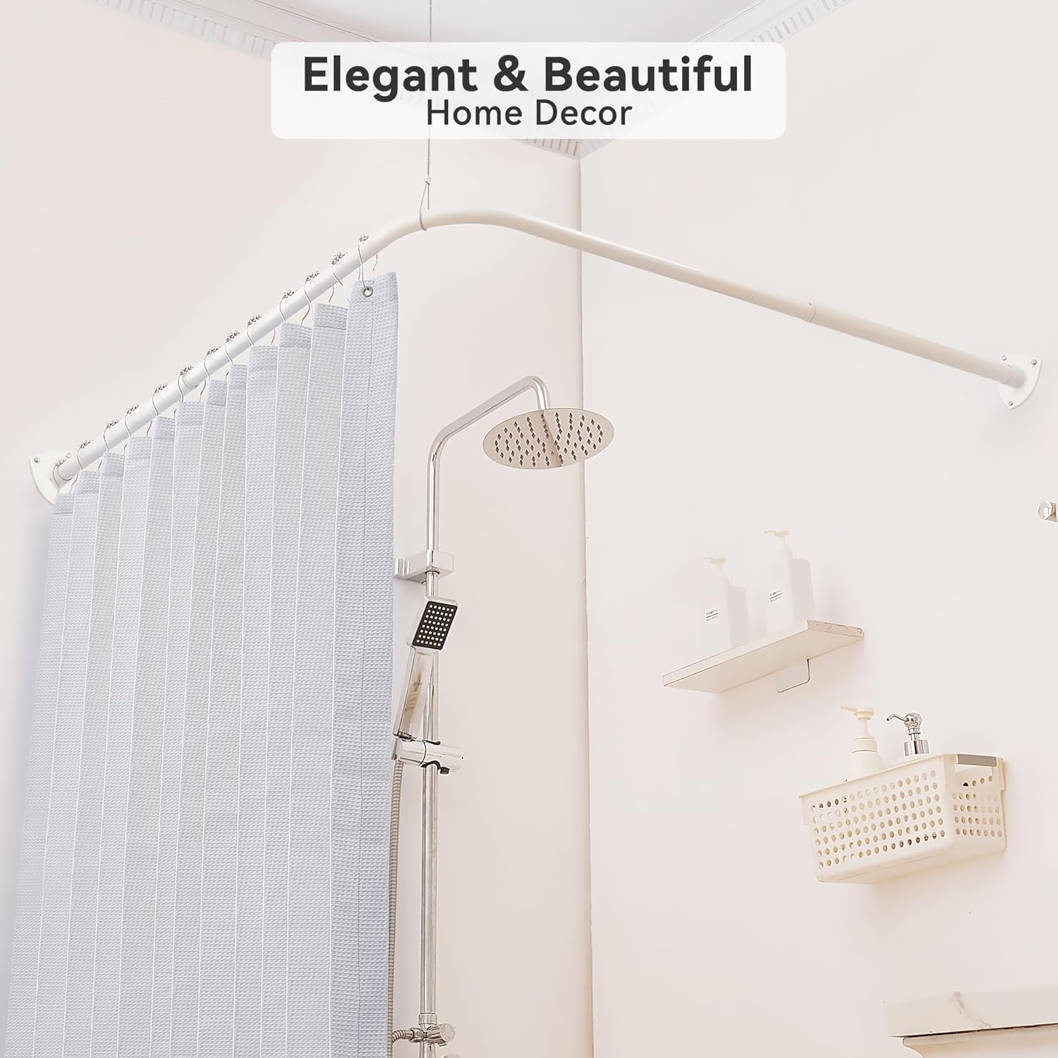 Asta per tenda da doccia, a forma di L, asta estensibile per tenda da doccia per bagno, negozio di abbigliamento, in acciaio 304, con 12 ganci ad anello e supporto a soffitto (bianco, 60-130 cm x 60