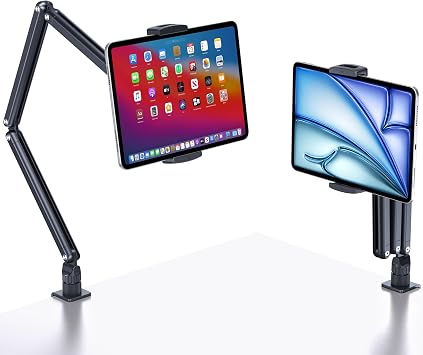 Tablet Desk Stand Holder, Extendable Arm Table Mount for iPad, Aluminum 360 Rotating Bracket with Metal Base, Compatible with 4.7-13 Inch Tablets, Phones, Samsung Galaxy, Kindle Fire HD