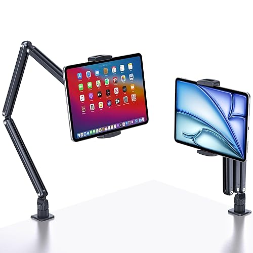 Lucrave Tablet Desk Stand Holder, Extendable Arm Table Mount for iPad, Aluminum 360° Rotating Bracket with Metal Base, Compatible with 4.7-13 Inch Tablets, Phones, Samsung Galaxy, Kindle Fire HD - Tablet Desk Mount