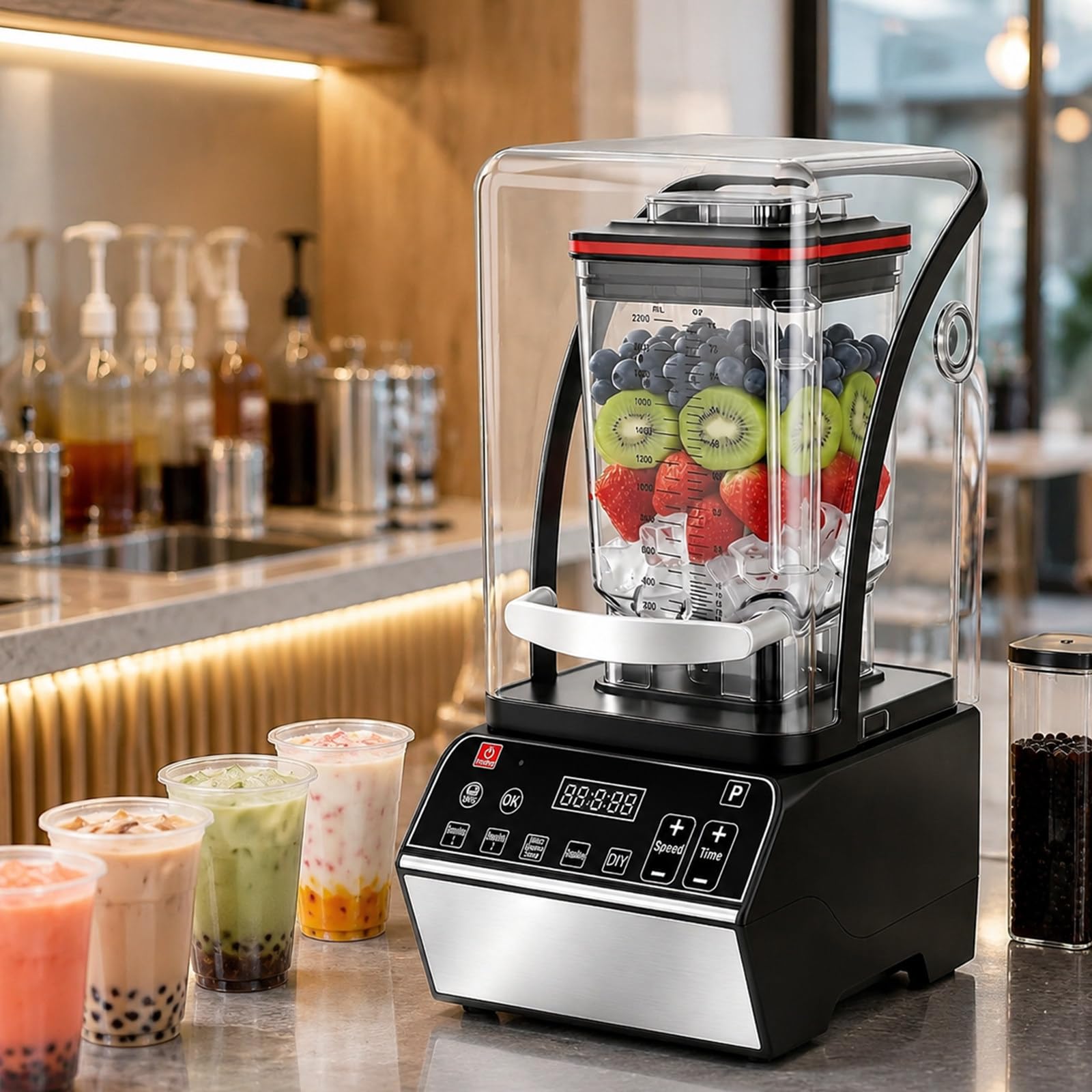 Profesjonalny Blender Komercyjny, 6 Programów, Osłona Wyciszająca | Silnik z Czystej Miedzi i Stalowe Ostrza Szybko Obrabiają Lód oraz Mrożone Owoce, a Duży Dzbanek Ogranicza Partie i Dolewanie
