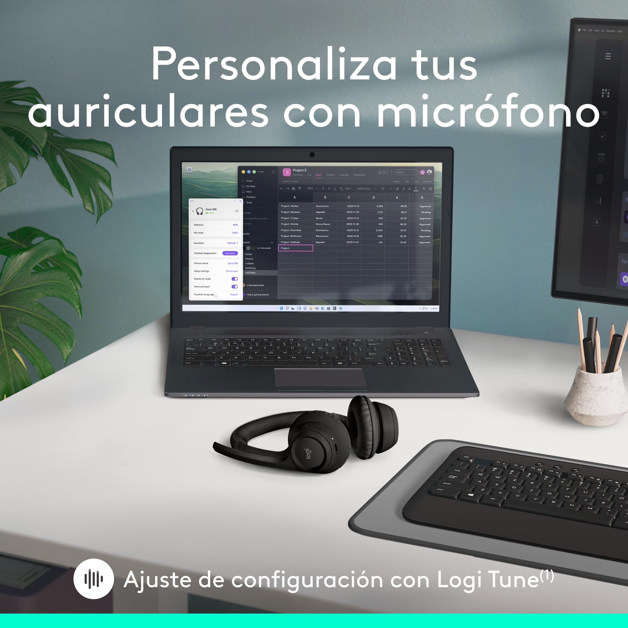 Logitech Zone 300, Auriculares con micrófono Bluetooth inalámbricos con cancelación de Ruido, compatibles con Windows, Mac, Chrome, Linux, iOS, iPadOS, Android - Negro