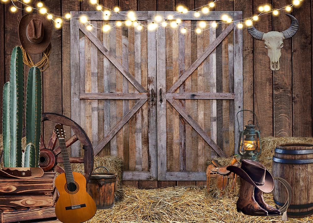 Dudaacvt 8x6FT Western Cowboy Party Backdrop Wild West Decor Wooden House Barn Photo Background for Birthday Wedding Cowboy Theme Party Decorations
