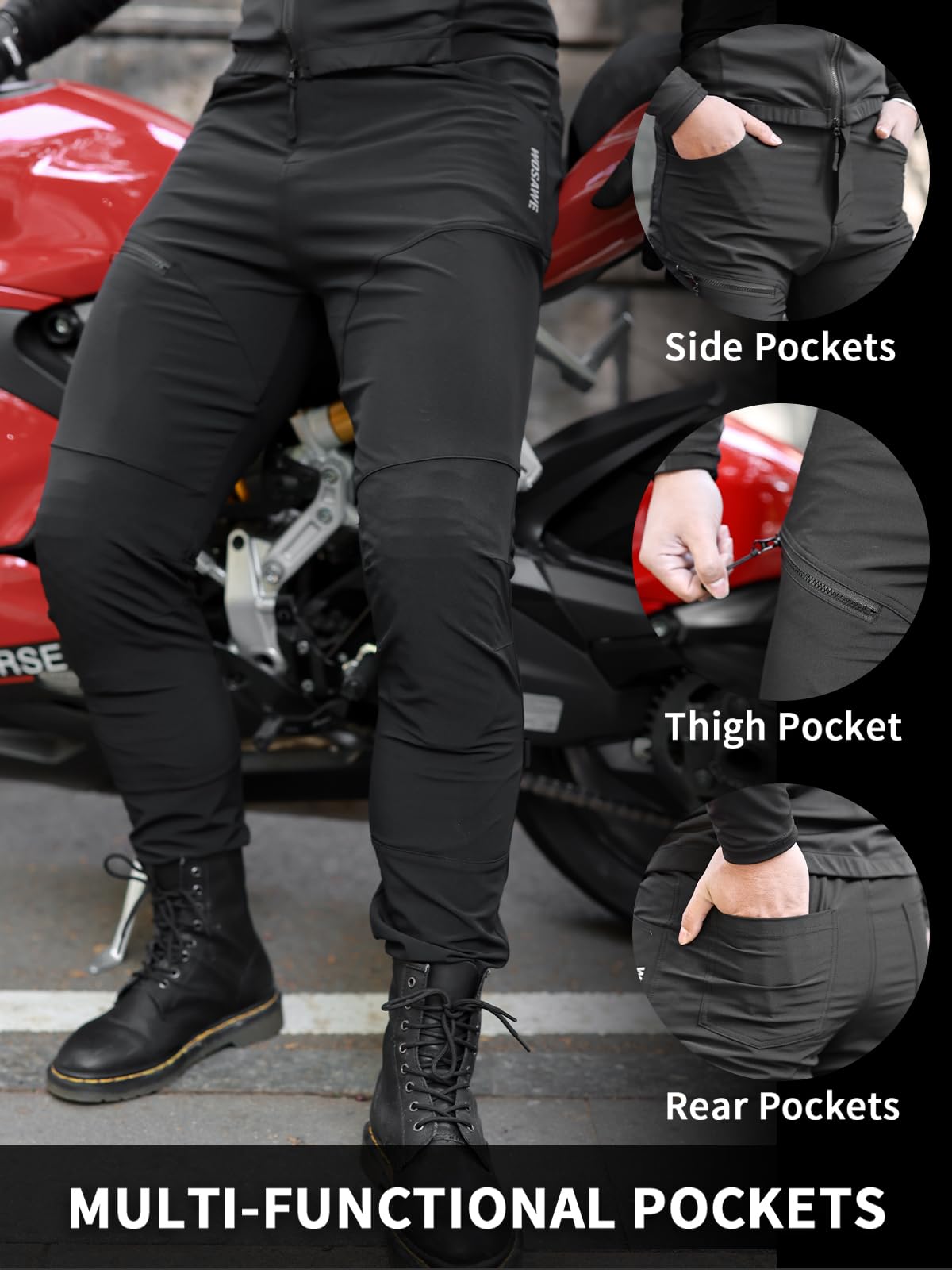 WOSAWE Men's Motorcycle Pants with Removable CE Pads Sports Protective Trousers for MTB, Cycling, Downhill, Large Black