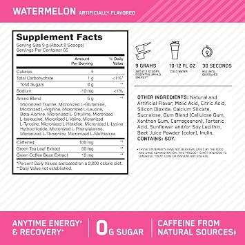 Optimum Nutrition Amino Energy - Pre Workout with Green Tea, BCAA, Amino Acids, Keto Friendly, Green Coffee Extract, Energy Powder - Watermelon, 65 Servings (Packaging May Vary)