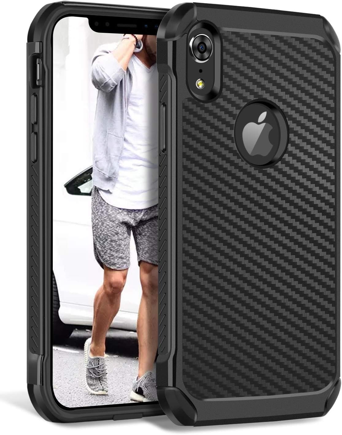 BENTOBEN Case for Apple iPhone XR (2018), Carbon Fiber Texture Phone Case Protective Dual Layer 2 in 1 Heavy Duty Hybrid Hard PC Cool Phone Cover Soft TPU Bumper Shockproof Case Cover -Black