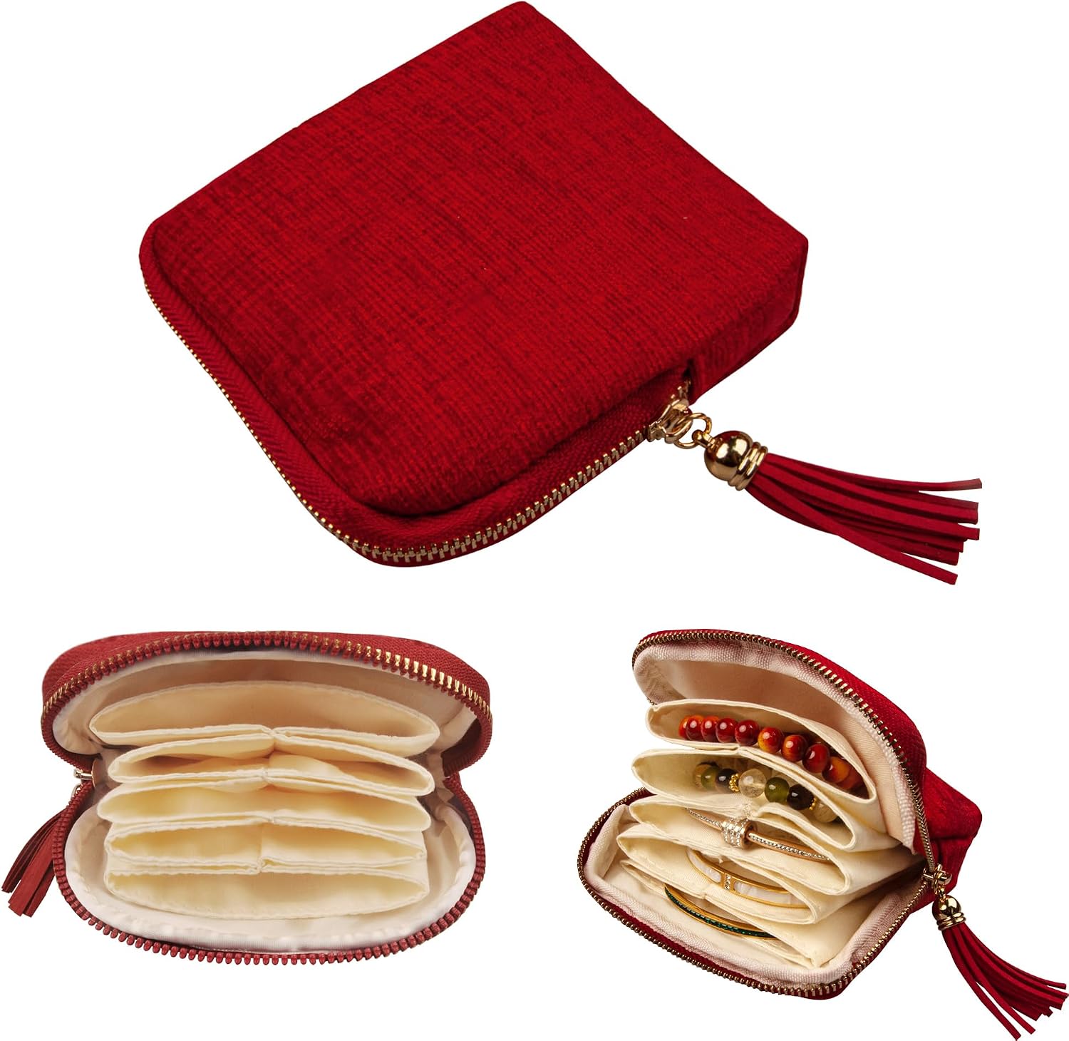 Soft Fabric Jewelry Organizer Pouch with Tassel Zipper – Travel Jewelry Storage Bag for Bracelets, Necklaces, Earrings, Watches & Lipstick