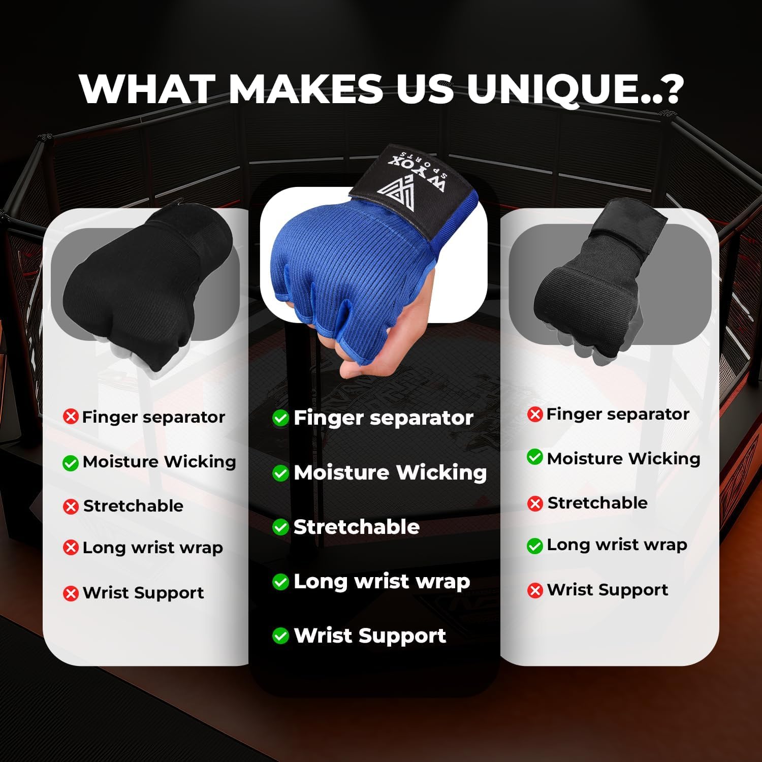 WYOX Guantes interiores de boxeo de gel para hombres y mujeres, correa de muñeca rápida de 80 cm, soporte acolchado para nudillos, sin dedos, artes marciales mixtas, Muay Thai, kickboxing, para