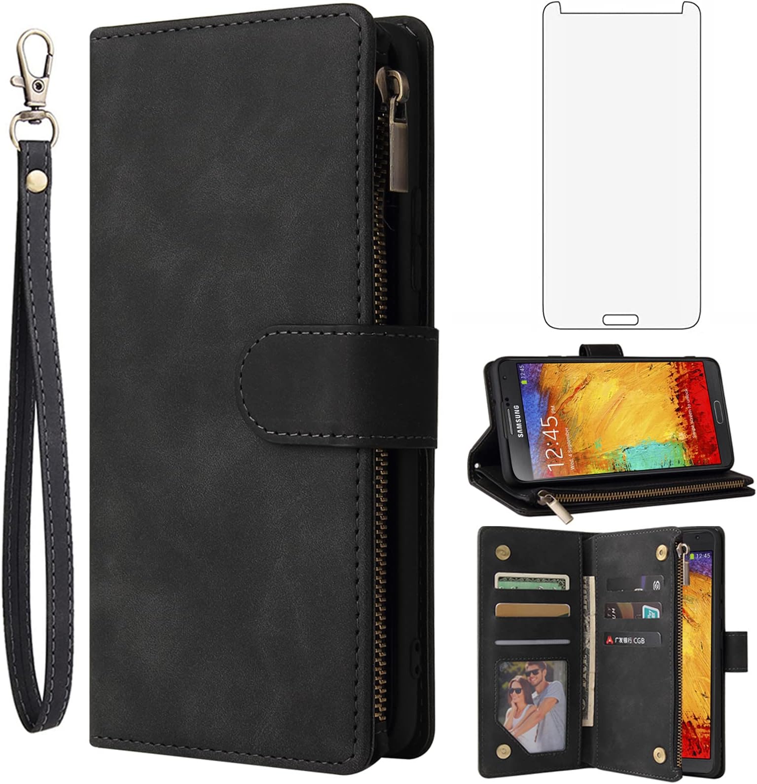 Asuwish Compatible with Samsung Galaxy Note 3 Wallet Case Tempered Glass Screen Protector and Leather Flip Cover Card Holder Stand Cell Accessories Phone Cases for Glaxay Note3 N9005 Women Men Black