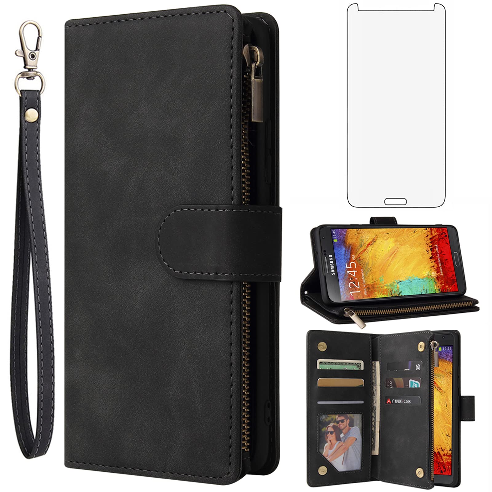 Asuwish Compatible with Samsung Galaxy Note 3 Wallet Case Tempered Glass Screen Protector and Leather Flip Cover Card Holder Stand Cell Accessories Phone Cases for Glaxay Note3 N9005 Women Men Black