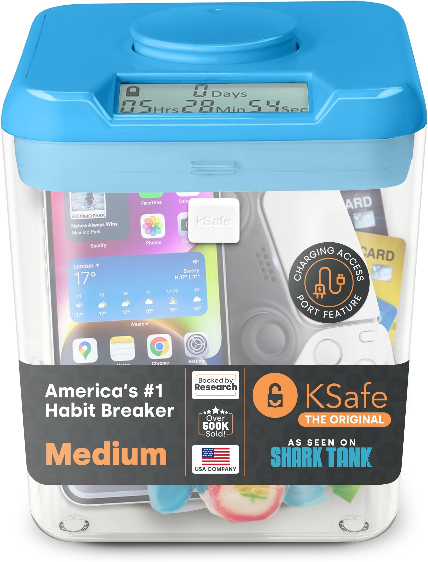 Kitchen Safe: Time Locking Container (Blue Lid + Clear Base) - 5.5" Height