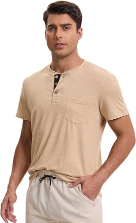 Men's Henley T-Shirts Casual Summer Short Sleeves Button Basic Tee