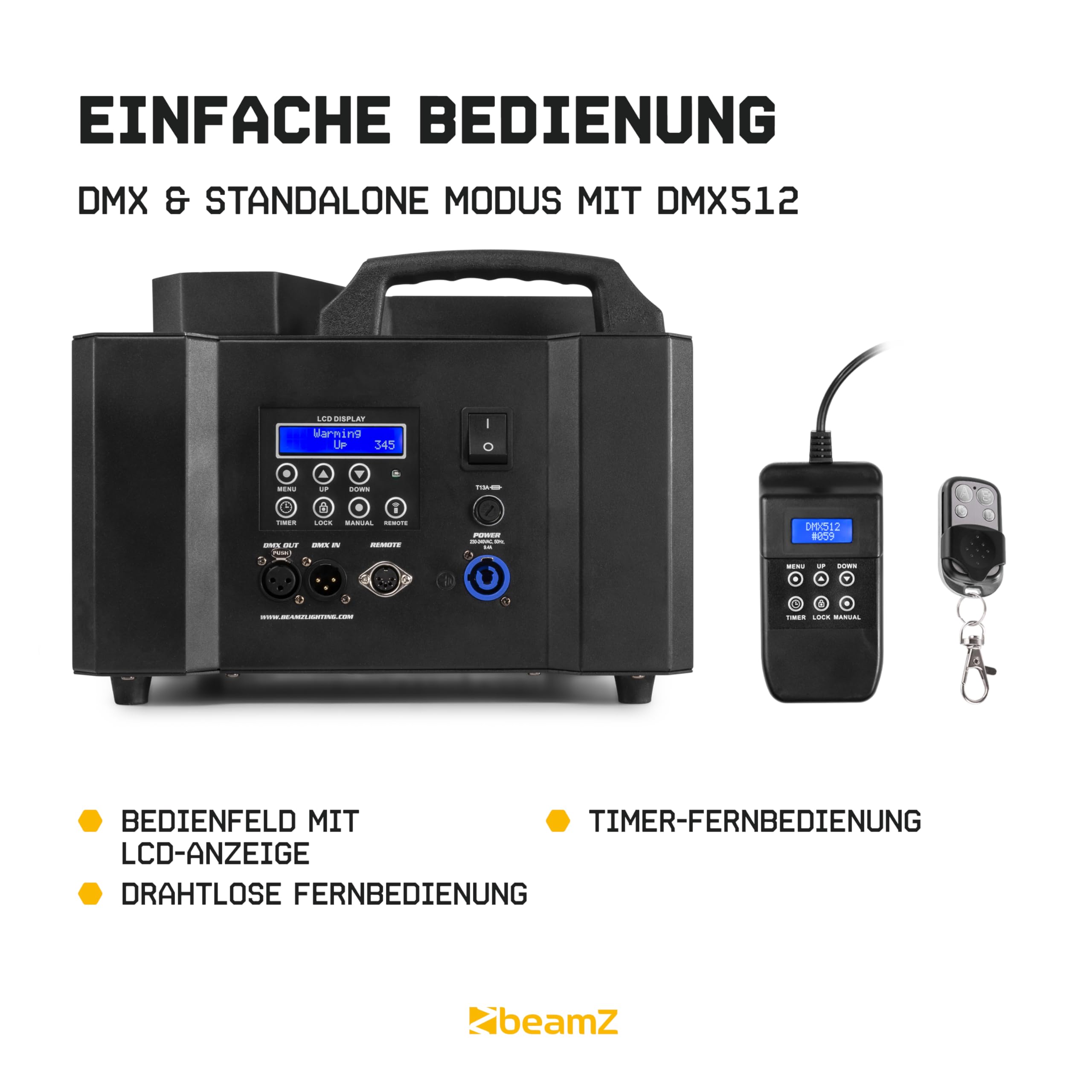 BeamZ Blaze2200 - Nebelmaschine mit Lichteffekt 2200 Watt, inkl. 10L Nebelfluid vertikal und horizontal Rauchmaschine mit 24x4W LED Spots, für professionelle Shows, Halloween, Hochzeiten, DJs, Partys