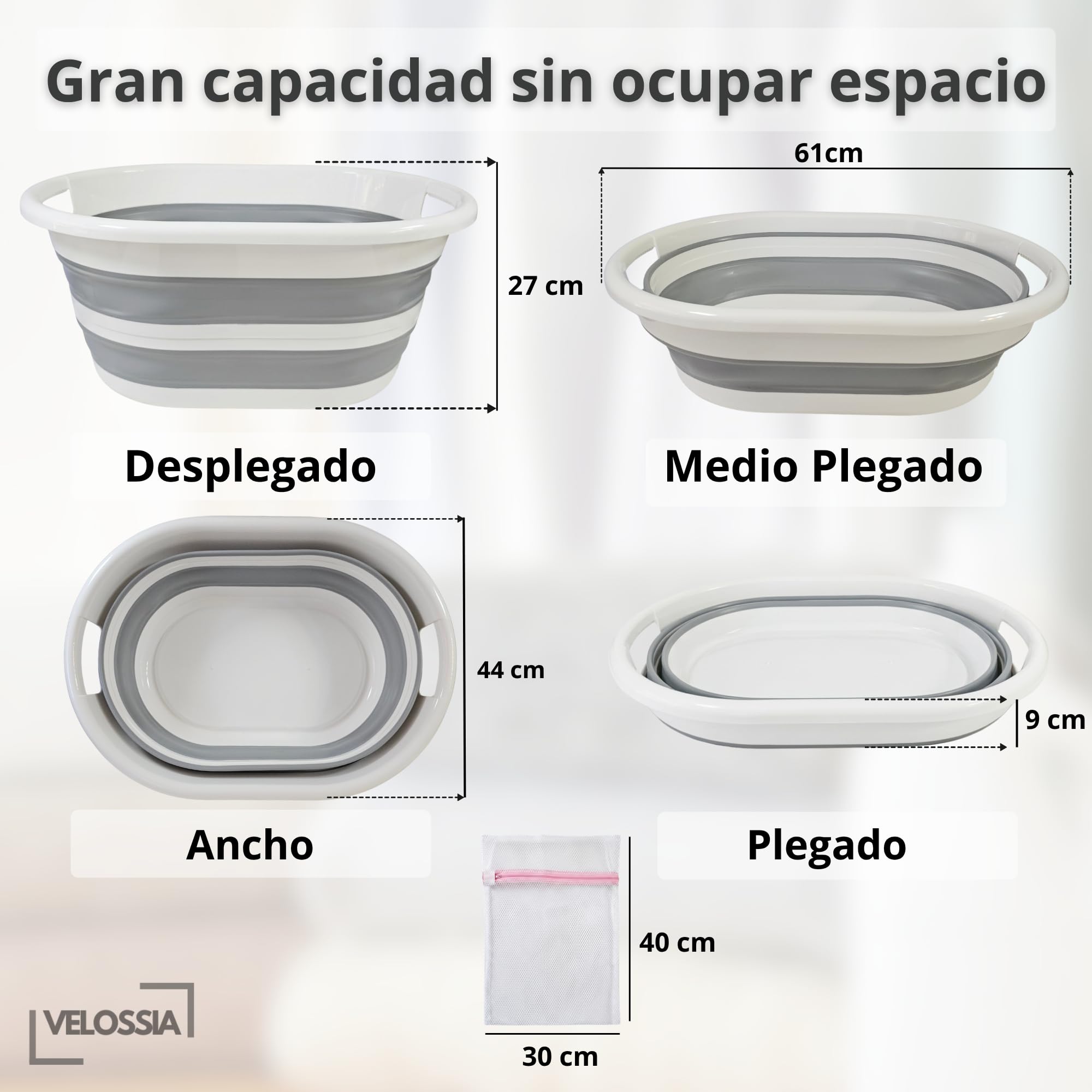 VELOSSIA Barreño Plegable 35L Silicona Resistente con Asas, Cubo Plegable Ropa, Cesto Ropa Multiusos, Incluye 2 Bolsas Delicadas, Cesta Colada, Baño, Camping, Lavado a Mano (35 L.) - 4