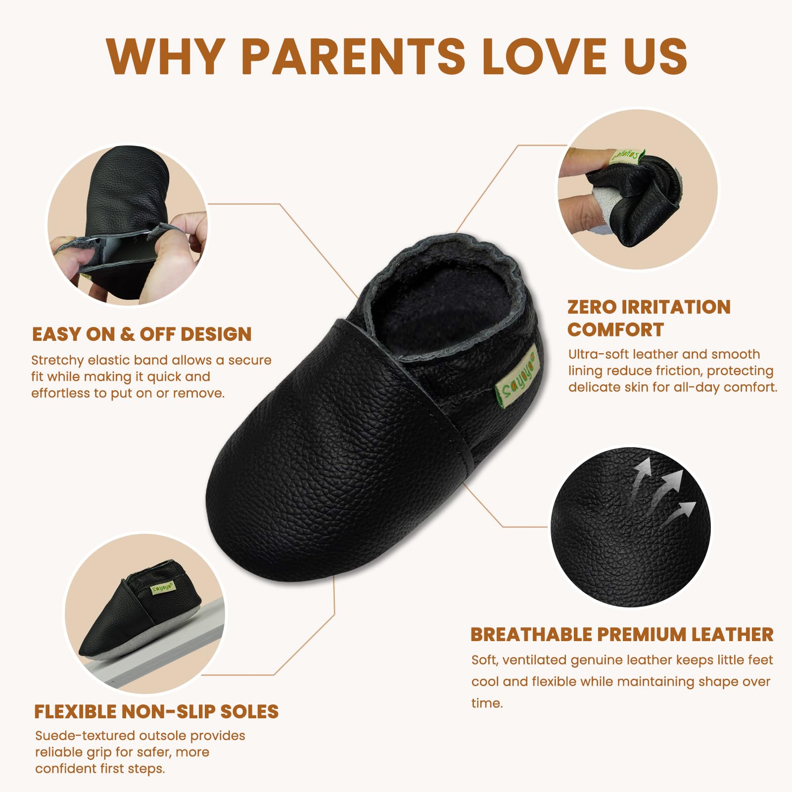 SAYOYO Premium WeichesLeder Lauflernschuhe Krabbelschuhe Babyschuhe 21/22 (12-18) L Monate,Schwarz