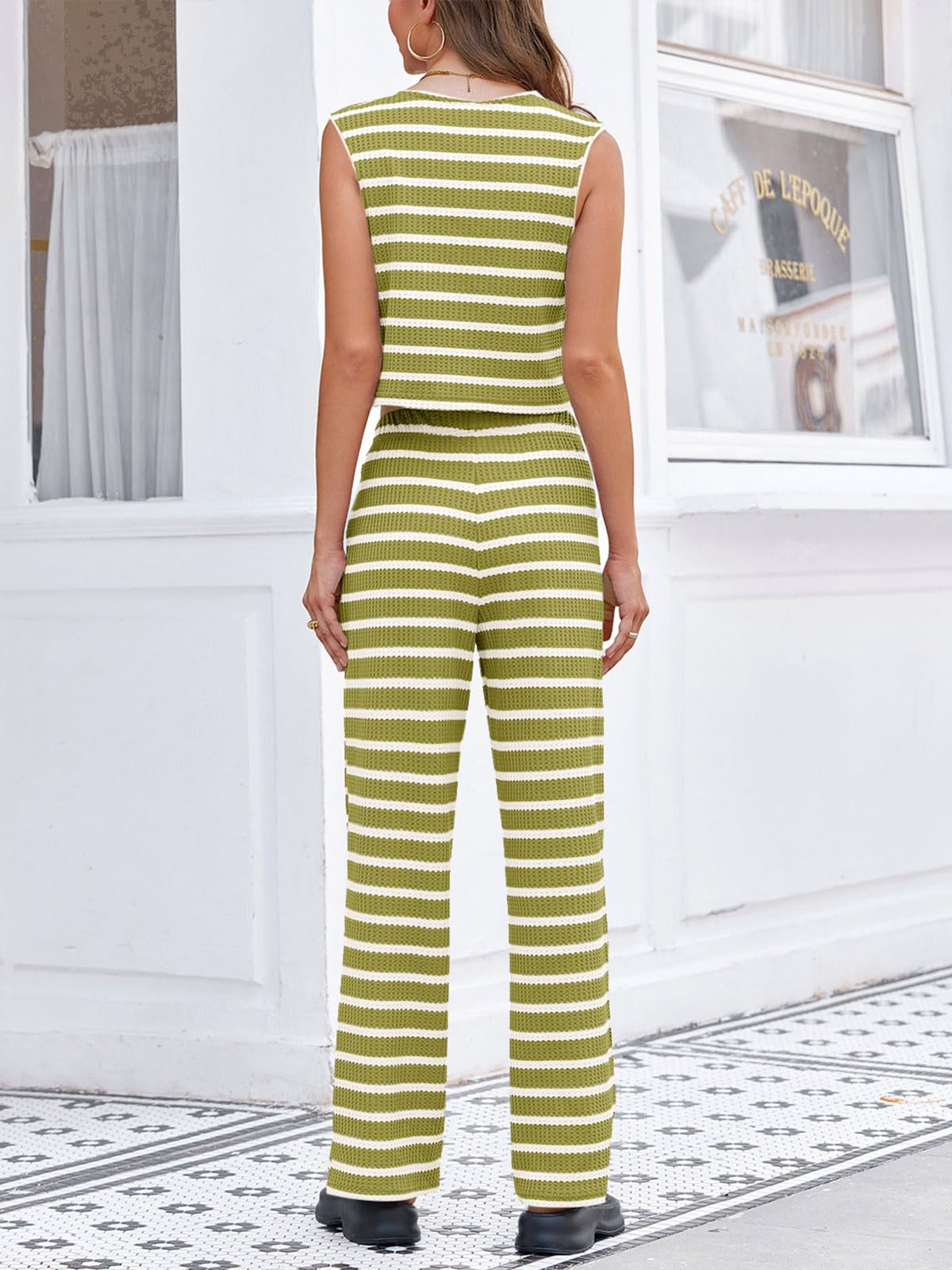 Tankaneo Set da donna all'uncinetto 2 pezzi abiti con cravatta anteriore senza maniche top pantaloni a gamba larga in maglia a righe Y2K set abbinati