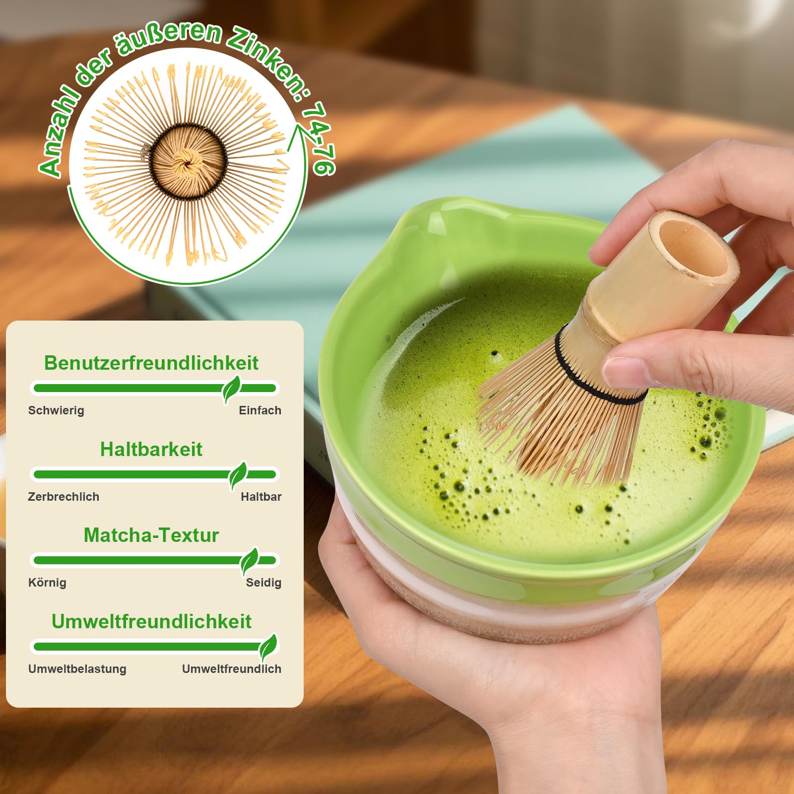 5 Stück Matcha Set Matcha Besen set Macha tea set Matcha Set Grün mit Besen, Sieb,Schale und Löffel für Zuhause & Büro Grün