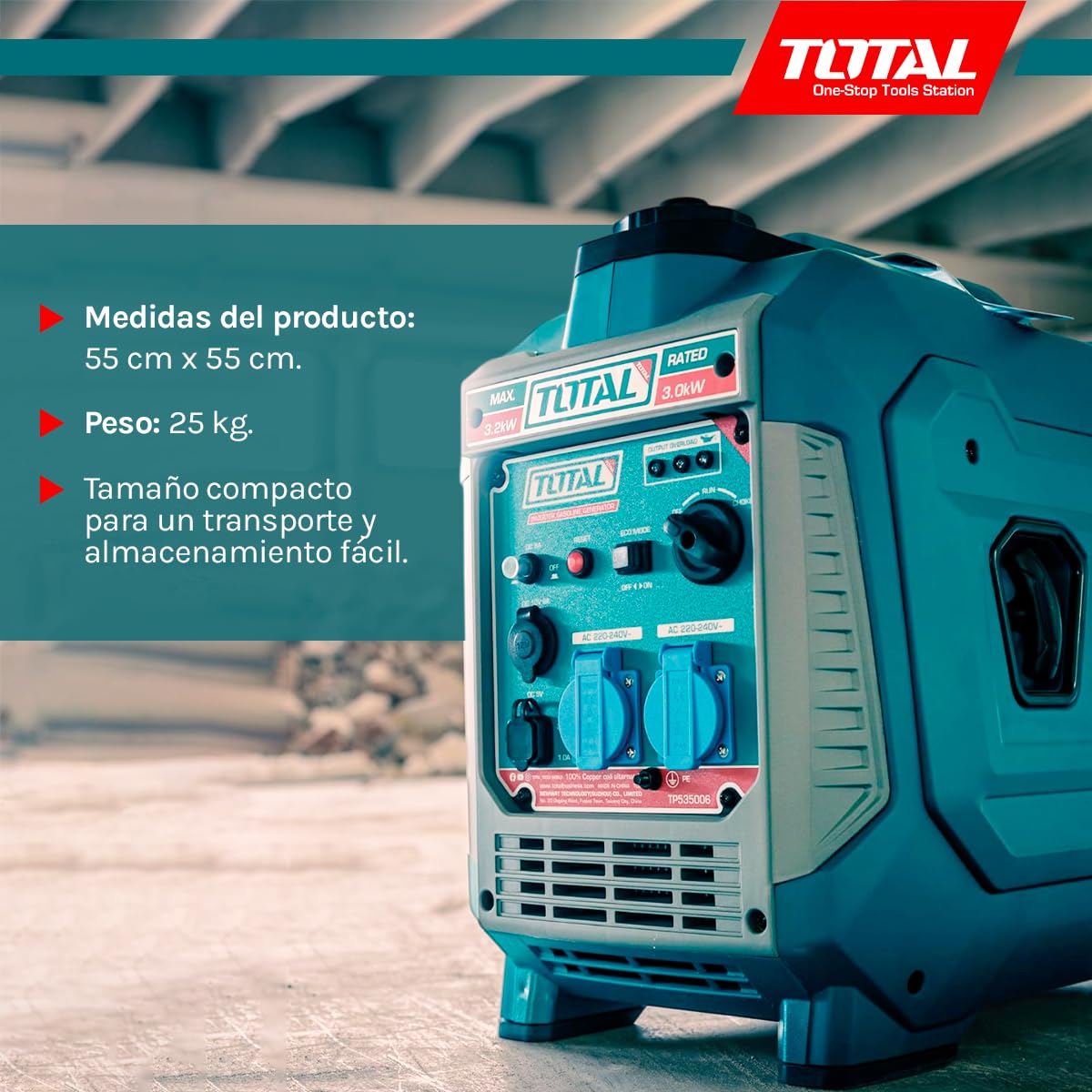 TOTAL - Generador Eléctrico a Gasolina - Insonorizado Inverter 3.3kW - Salidas USB y Toma 250V - Bajo Nivel Sonoro 64dB - Portátil 25kg, Verde, 55l x 55an cm, Plástico