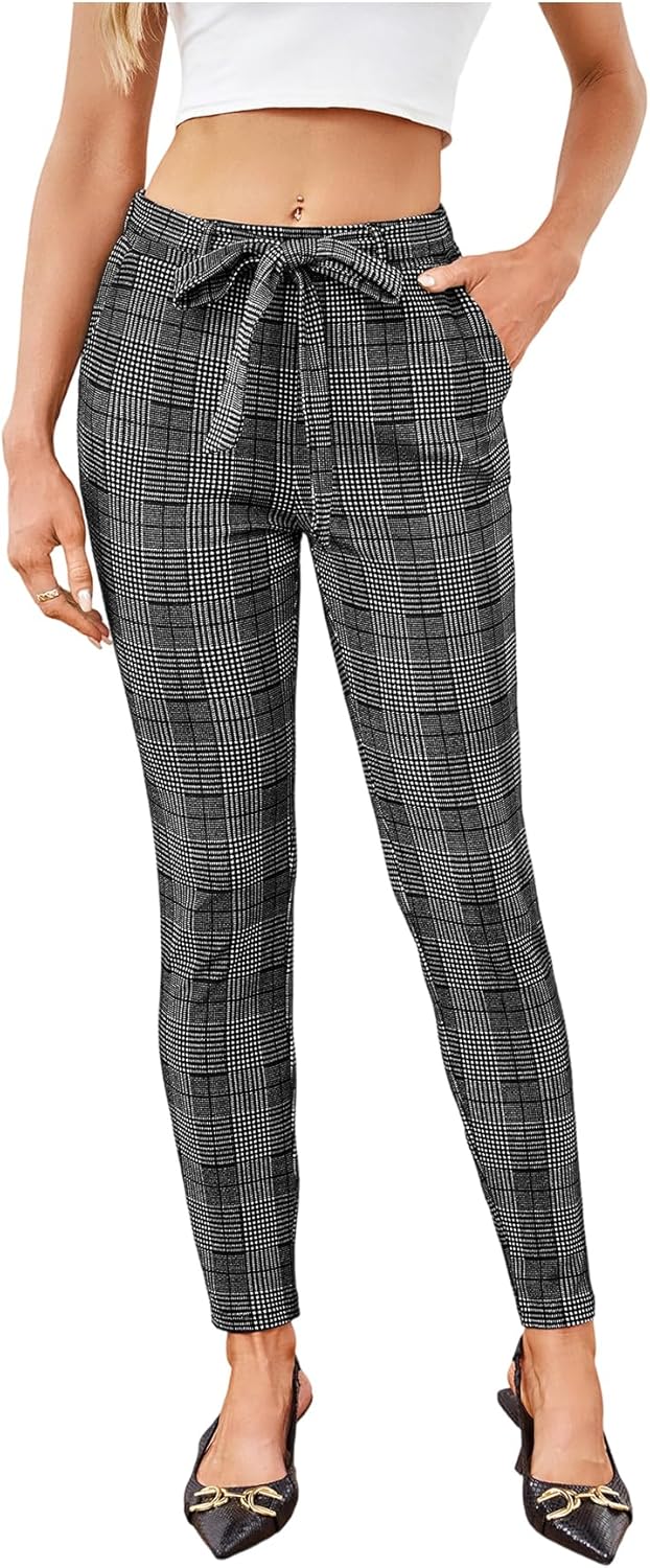 WDIRARA Women's Stretchy Plaid Print Pants Soft Skinny Regular Fashion Leggings