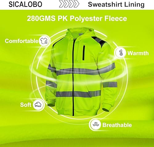 Miniatura 4 de Sicalobo Men's High Visibility Safety Sweatshirt,ANSI Class 3 Zipper Reflective Work Hoodie,Hi Vis Hooded Pullover Workwear