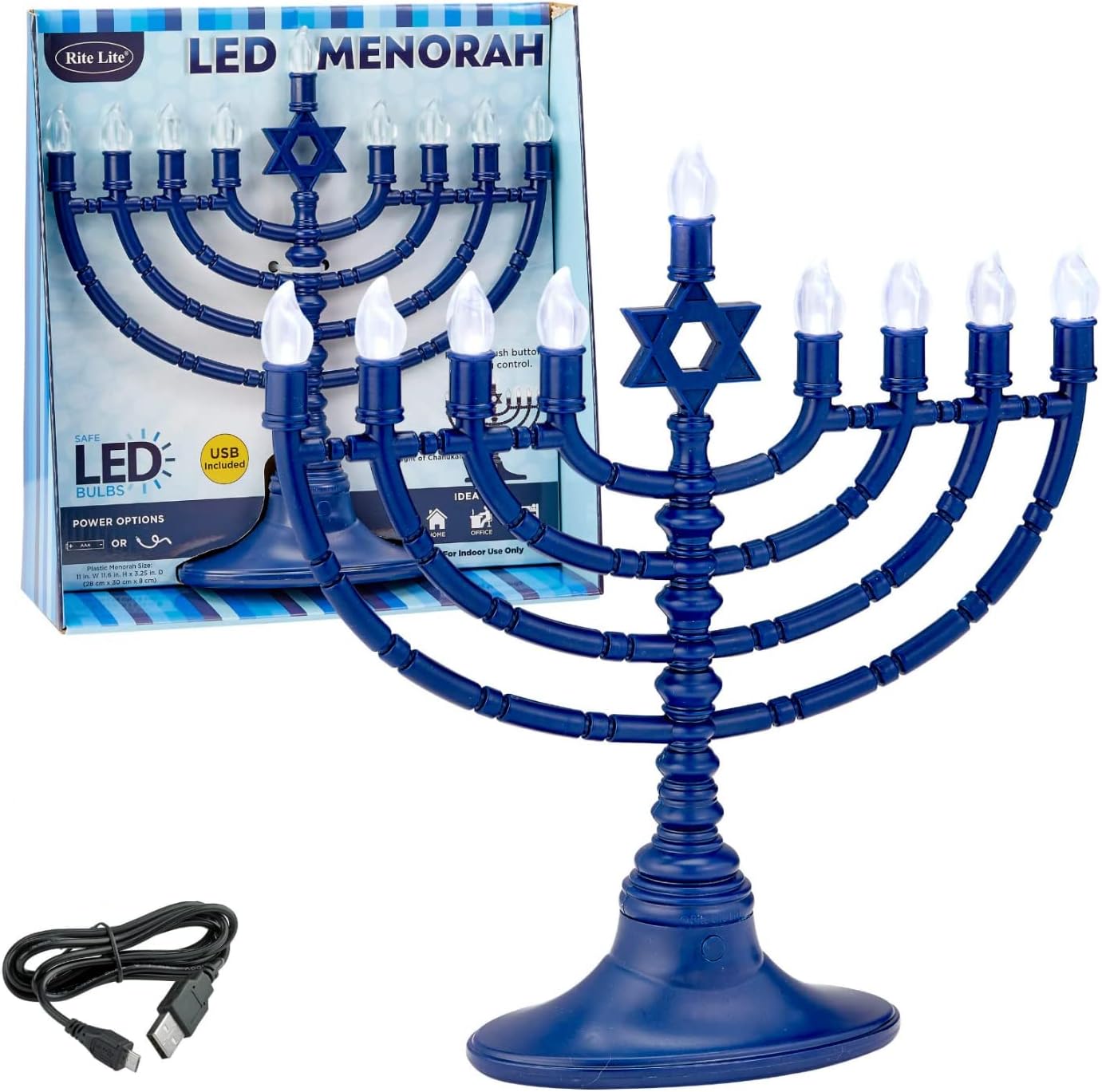 Blue Plastic Electric LED Low Voltage Chanukah Menorah with Clear Bulbs - Hanukkah Menorah Battery or USB Powered - Includes a Micro USB 4' Charging Cable